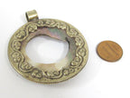 Unique OOAK Tibetan Nepal pendant round oval shape cut mother of pearl shell pendant with flower filigree on pendant frame - PM169C