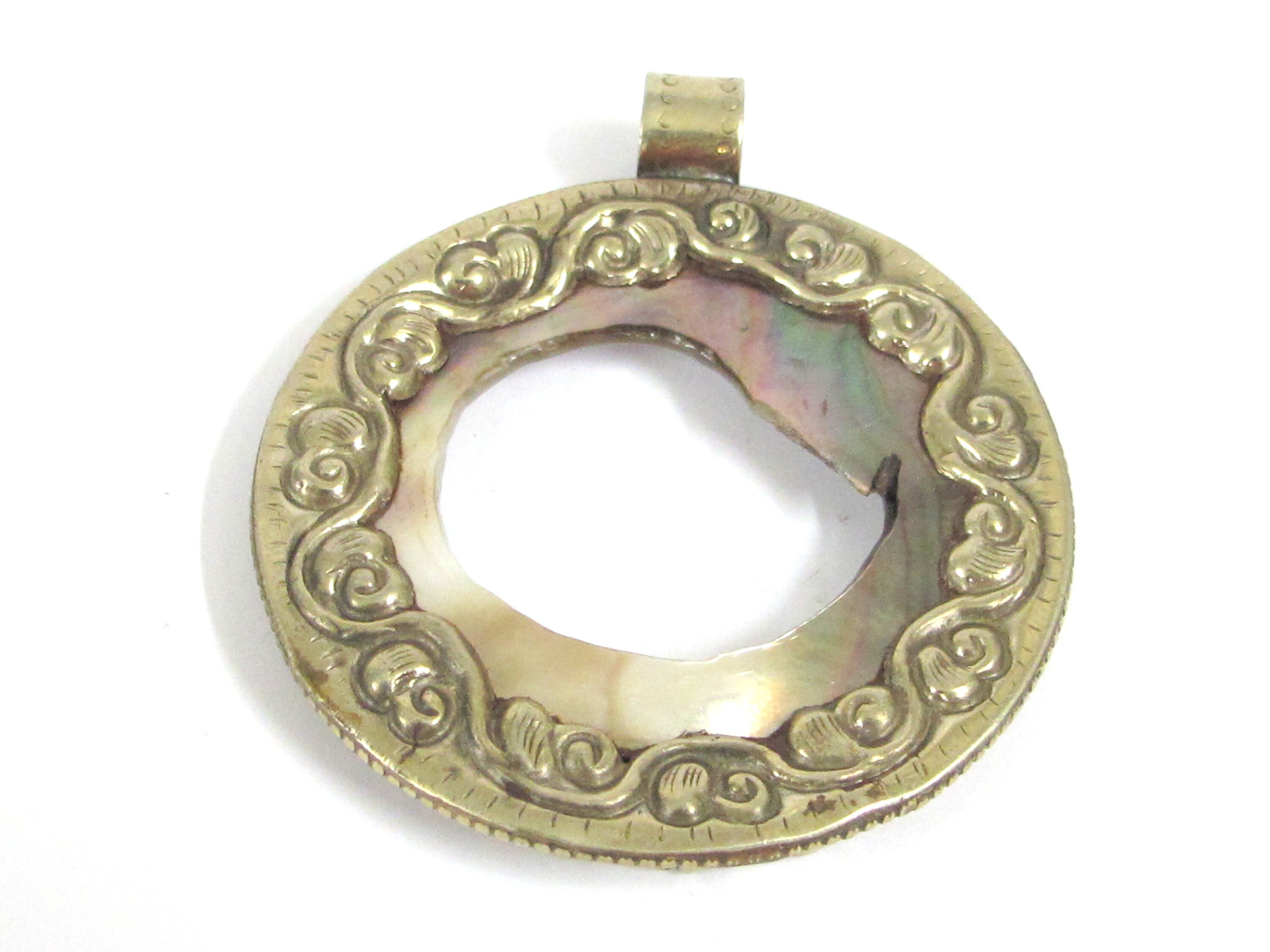 Unique OOAK Tibetan Nepal pendant round oval shape cut mother of pearl shell pendant with flower filigree on pendant frame - PM169C