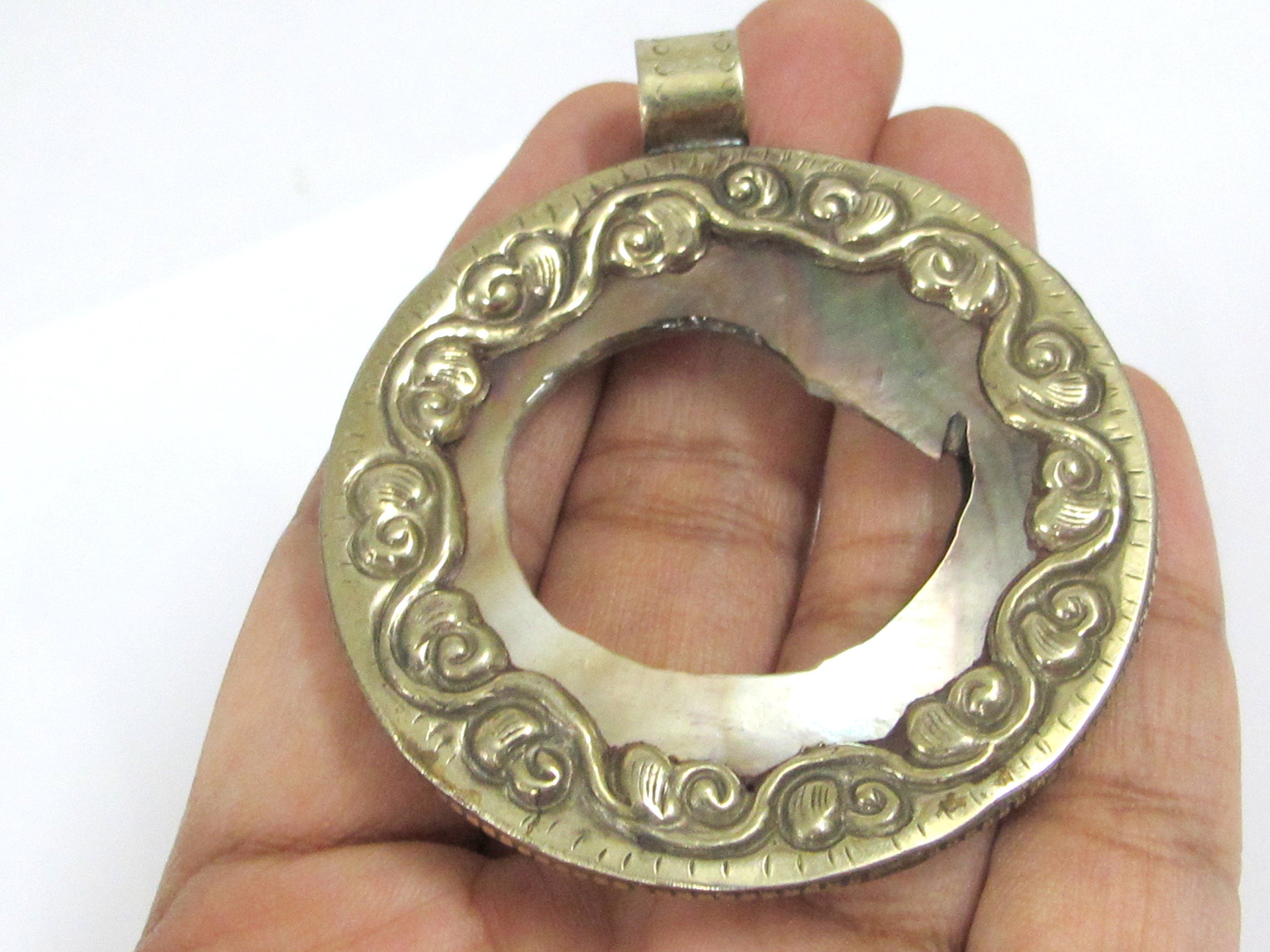 Unique OOAK Tibetan Nepal pendant round oval shape cut mother of pearl shell pendant with flower filigree on pendant frame - PM169C