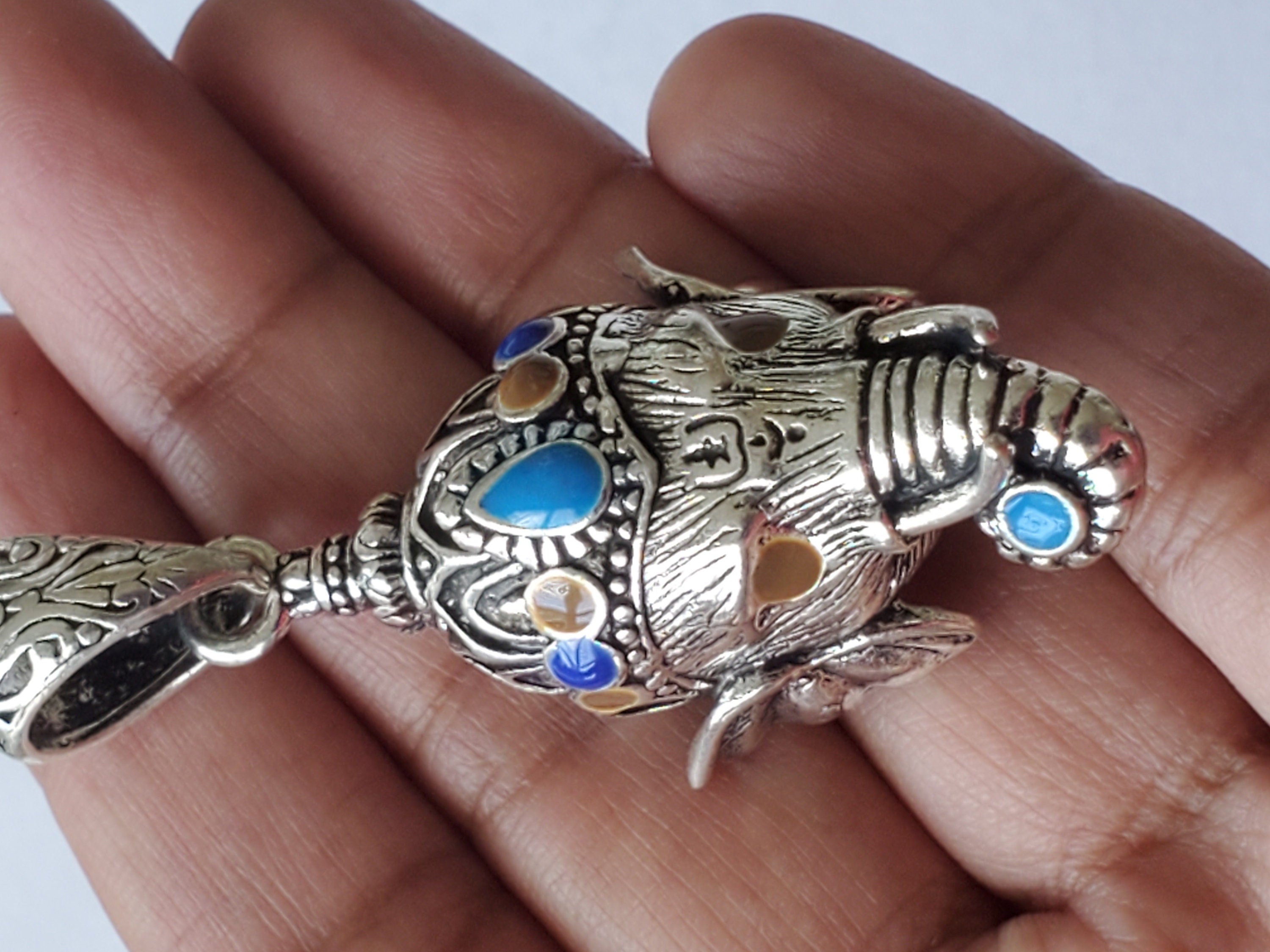 Gorgeous Ganesha Pendant Nepal 3D silver tone finish enamel inlaid lord Ganesha pendant - Ganpati Ganesh ji copyright Nepalbeadshop PM450K