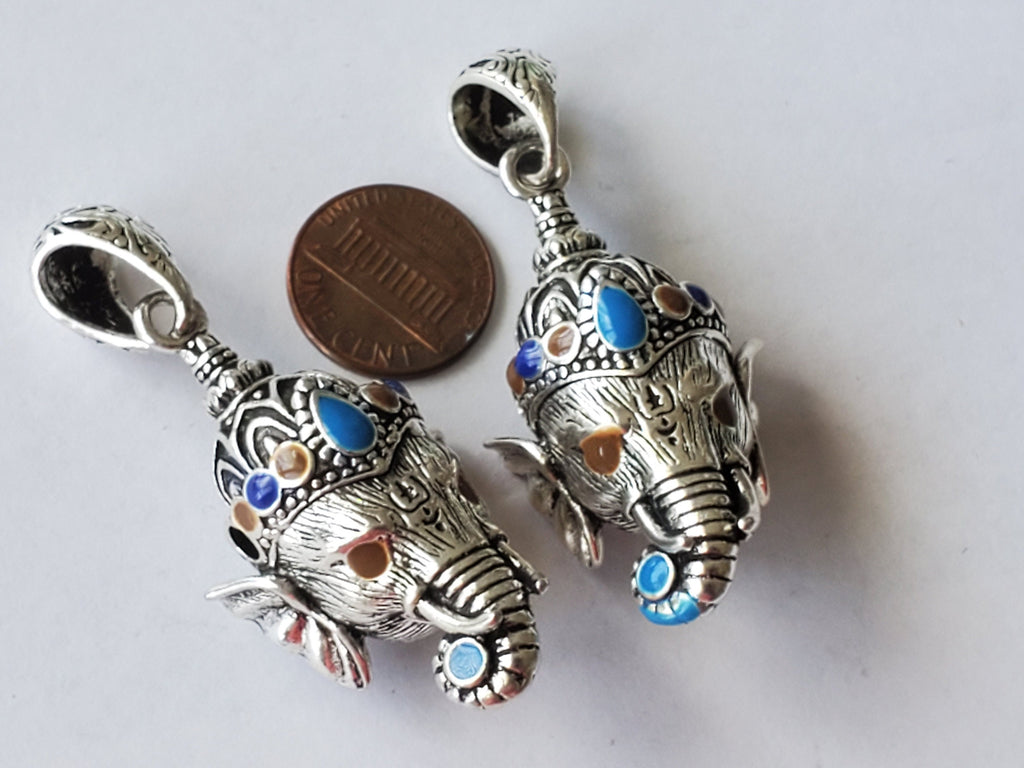 Gorgeous Ganesha Pendant Nepal 3D silver tone finish enamel inlaid lord Ganesha pendant - Ganpati Ganesh ji copyright Nepalbeadshop PM450K