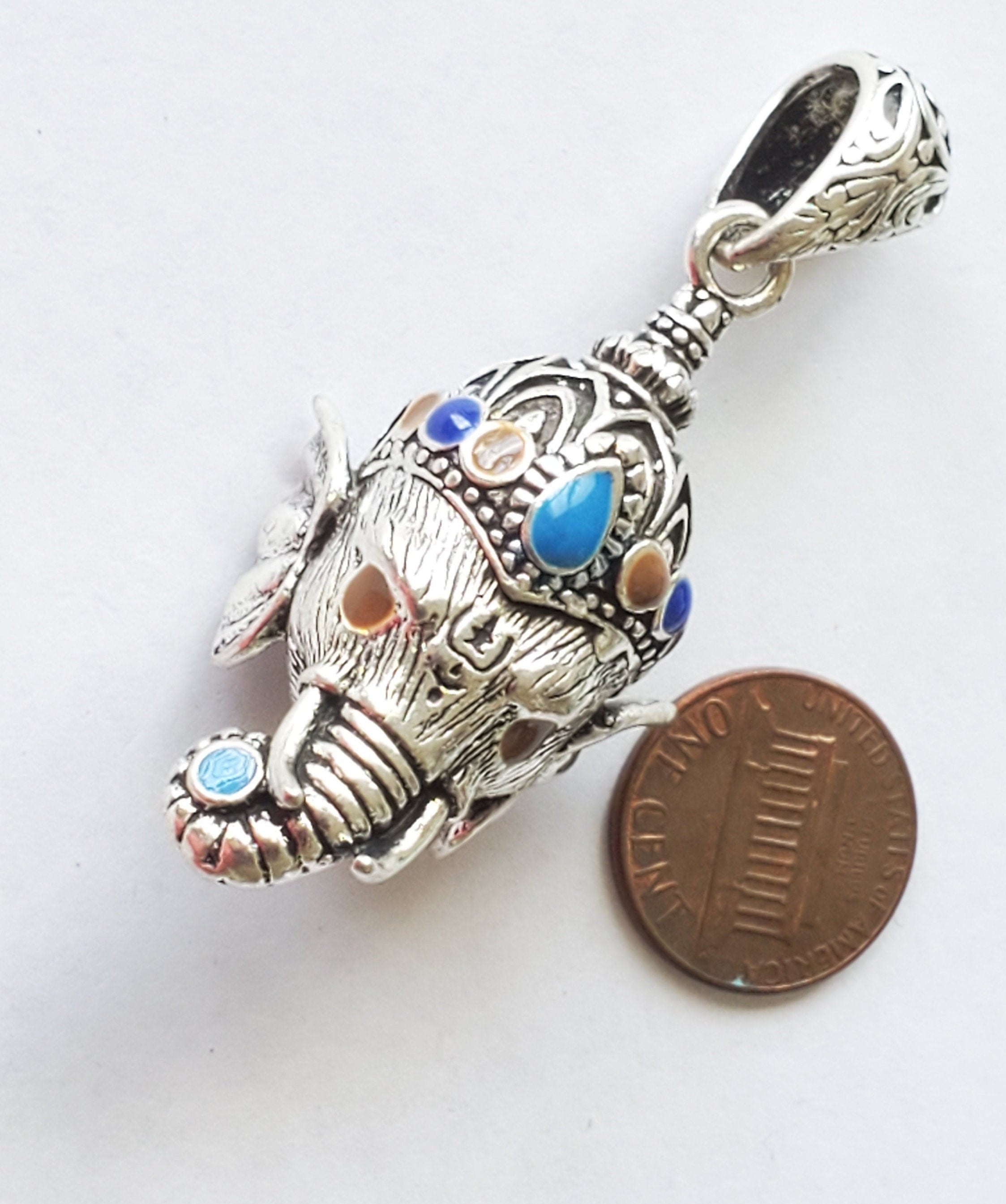 Gorgeous Ganesha Pendant Nepal 3D silver tone finish enamel inlaid lord Ganesha pendant - Ganpati Ganesh ji copyright Nepalbeadshop PM450K