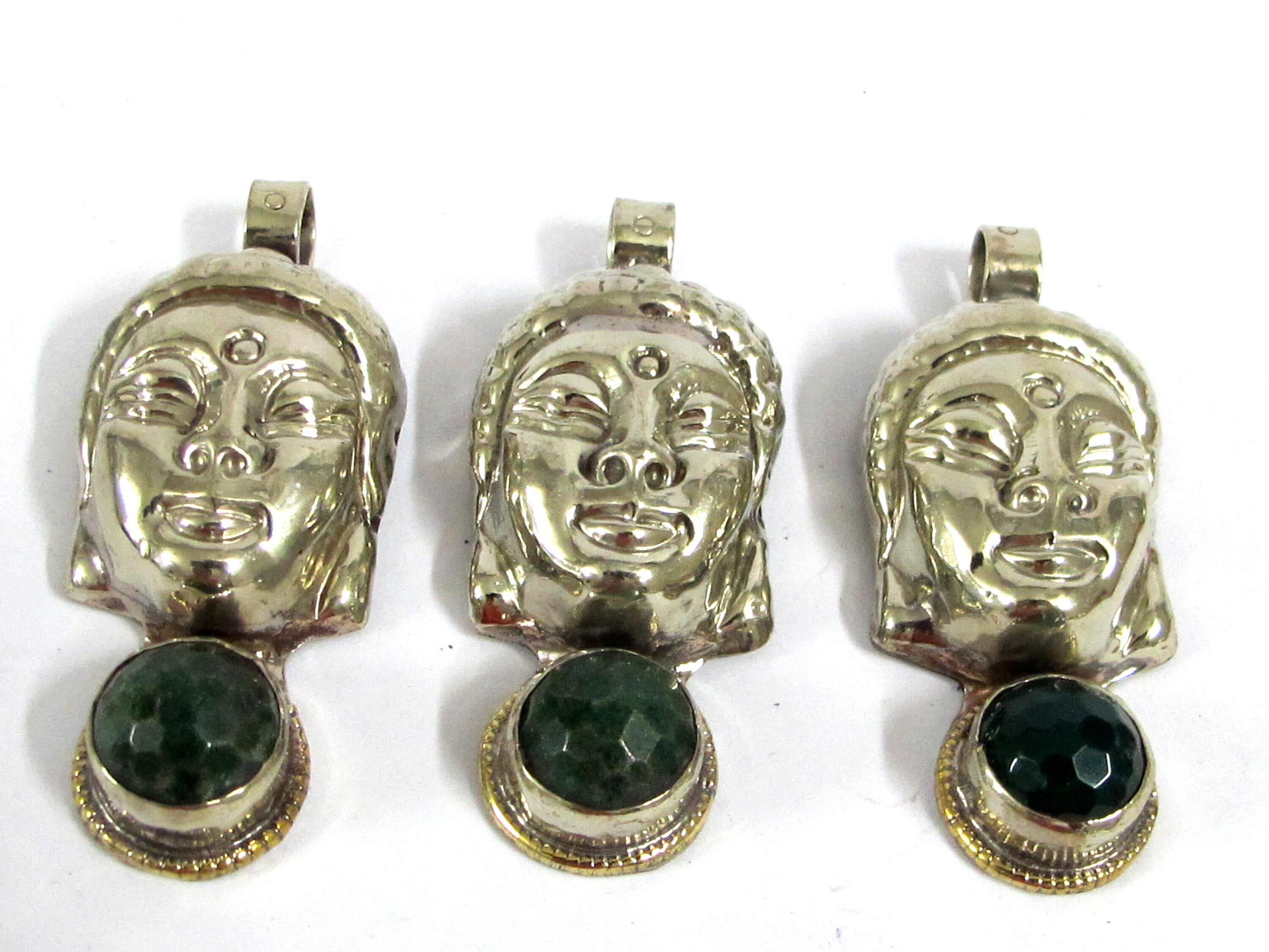 1 pendant - Special Sale Beautiful Buddha head pendant with faceted green agate gemstone inlay Tibetan Nepal Buddha pendant - PM532C