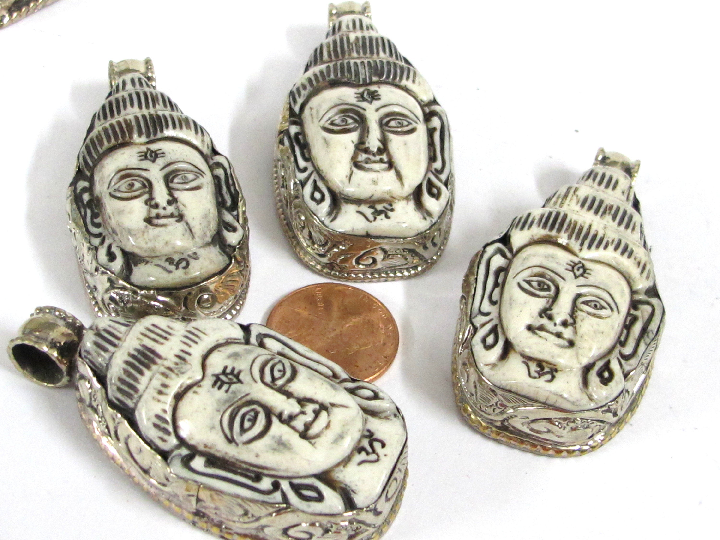 1 Pendant - Large carved bone Hindu lord Shiva pendant with floral carving on reverse side - PB010A