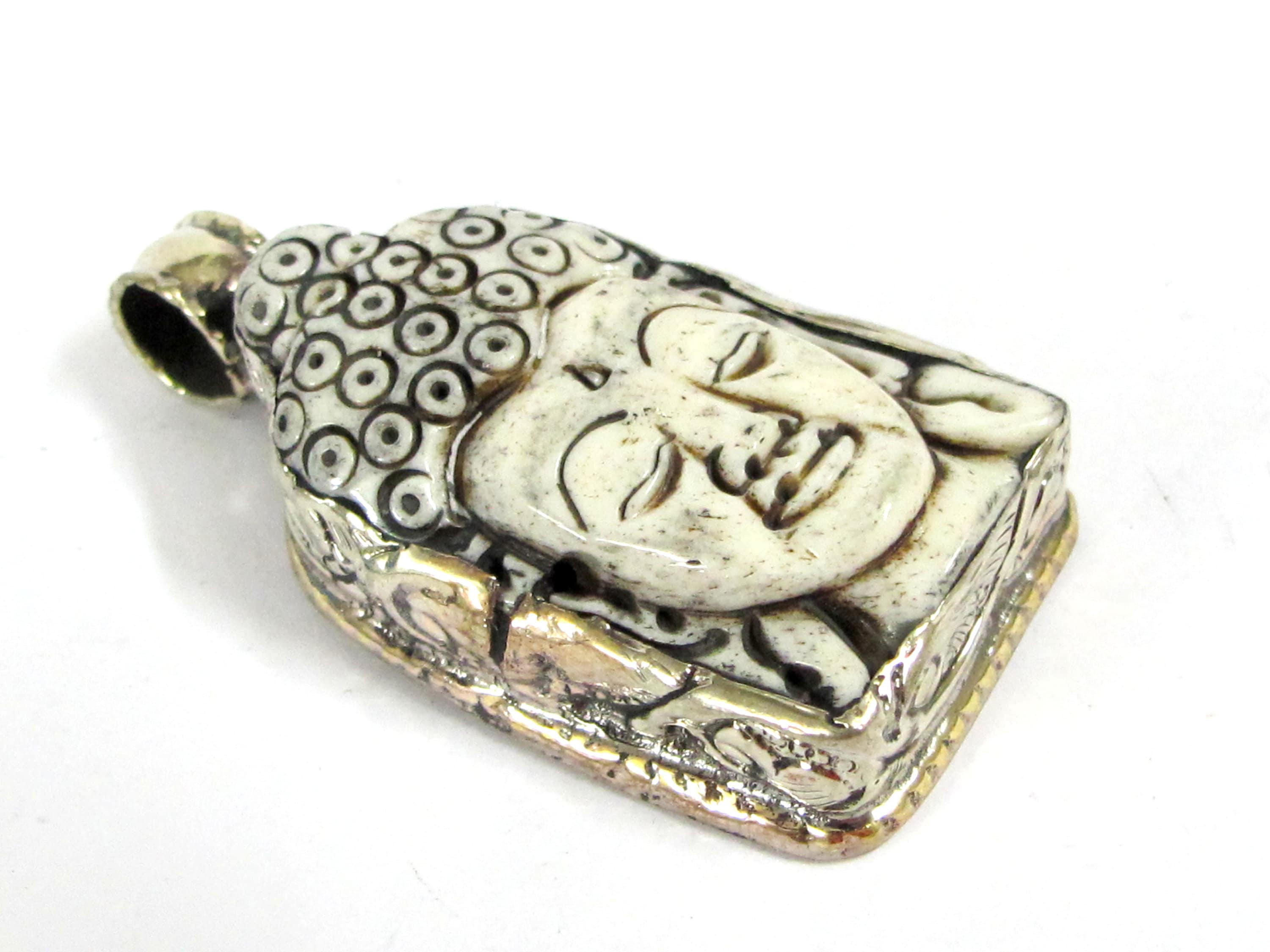 1 Pendant - Large carved recycled cattle Buddha pendant with floral carving on reverse side - PB010B