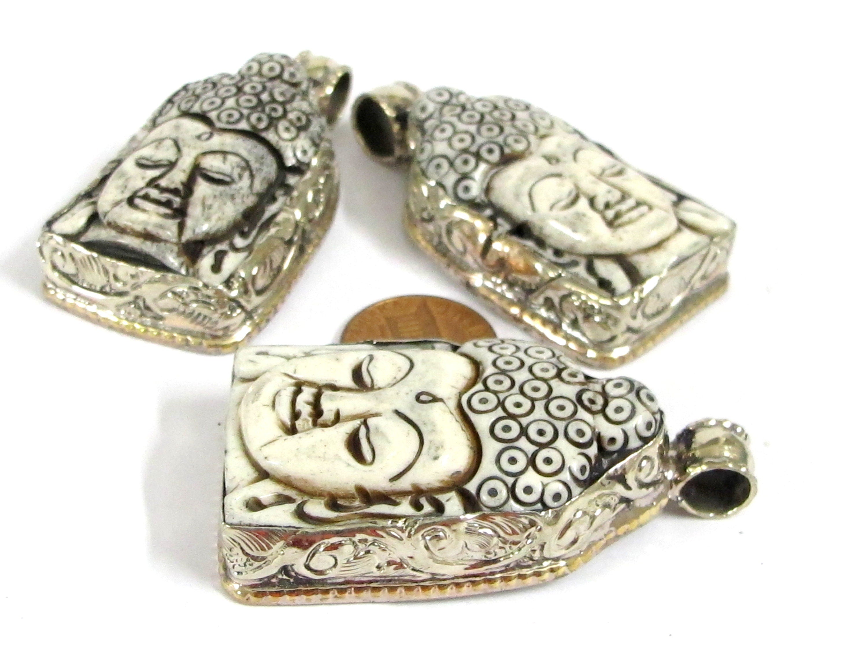1 Pendant - Large carved recycled cattle Buddha pendant with floral carving on reverse side - PB010B