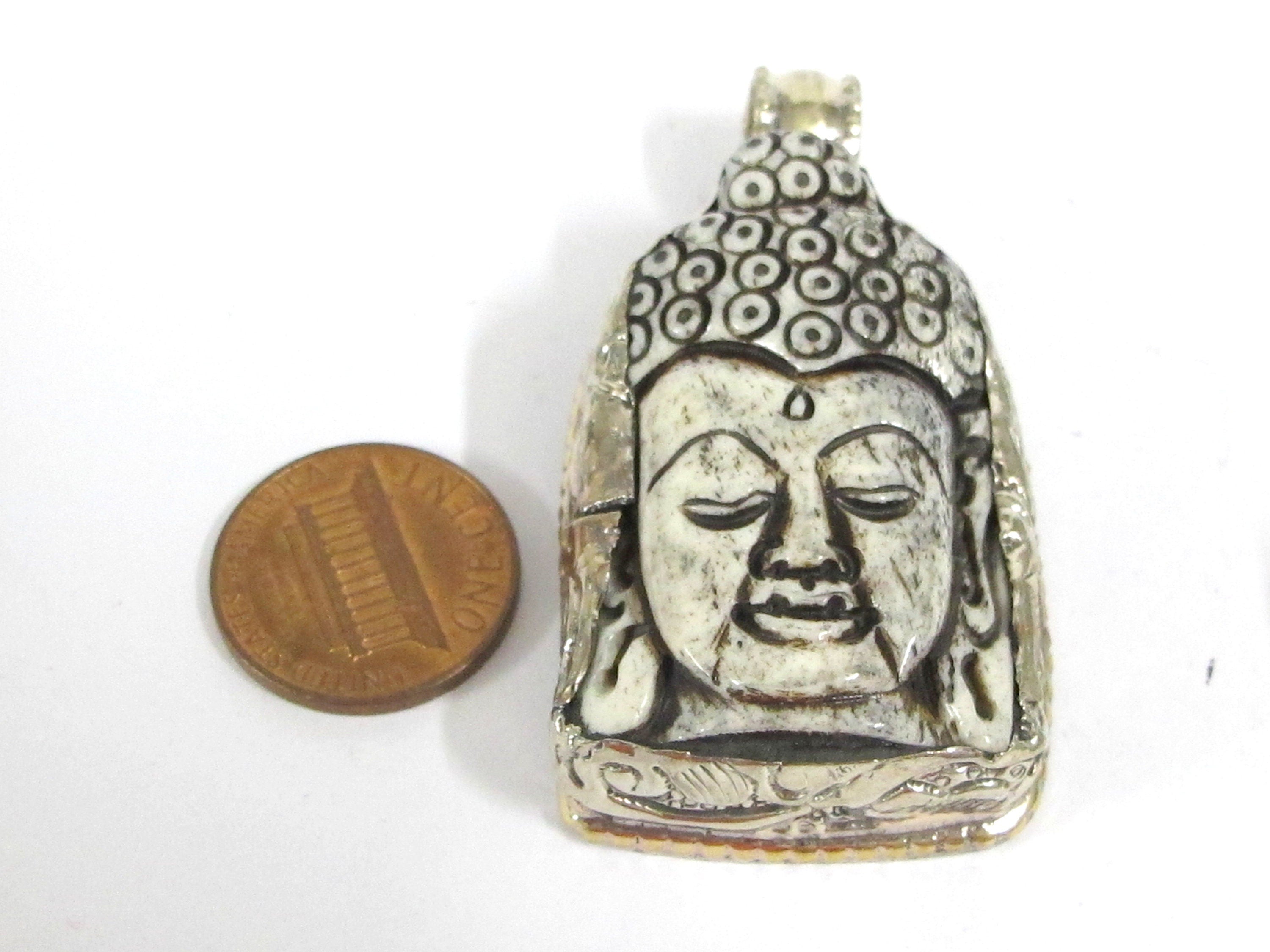 1 Pendant - Large carved recycled cattle Buddha pendant with floral carving on reverse side - PB010B