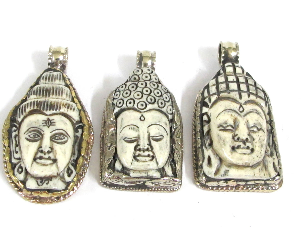 1 Pendant -Large carved bone Shiva Buddha pendants with floral carving on reverse side Tibetan Nepal ethnic supplies - PB010C