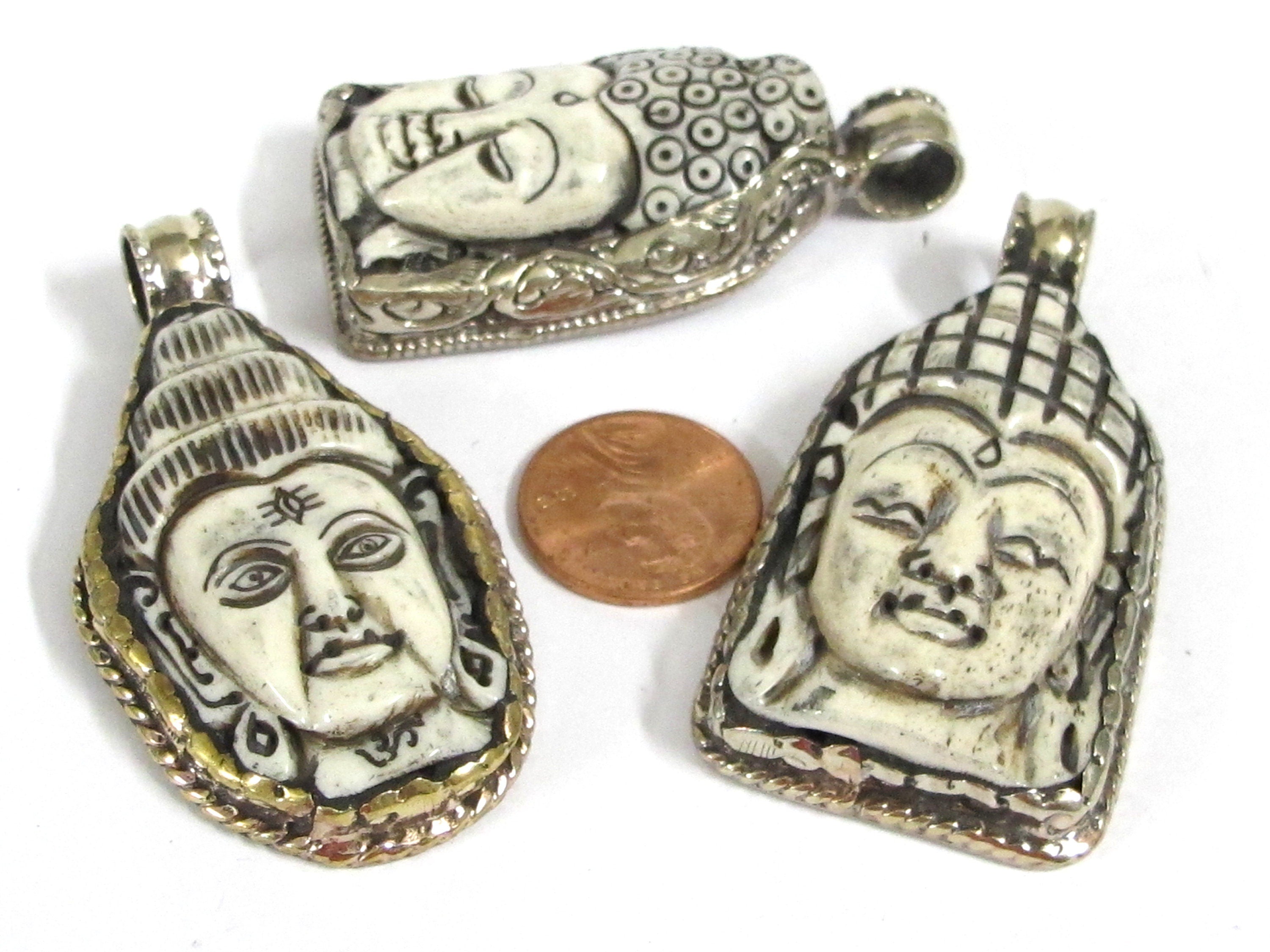 1 Pendant -Large carved bone Shiva Buddha pendants with floral carving on reverse side Tibetan Nepal ethnic supplies - PB010C