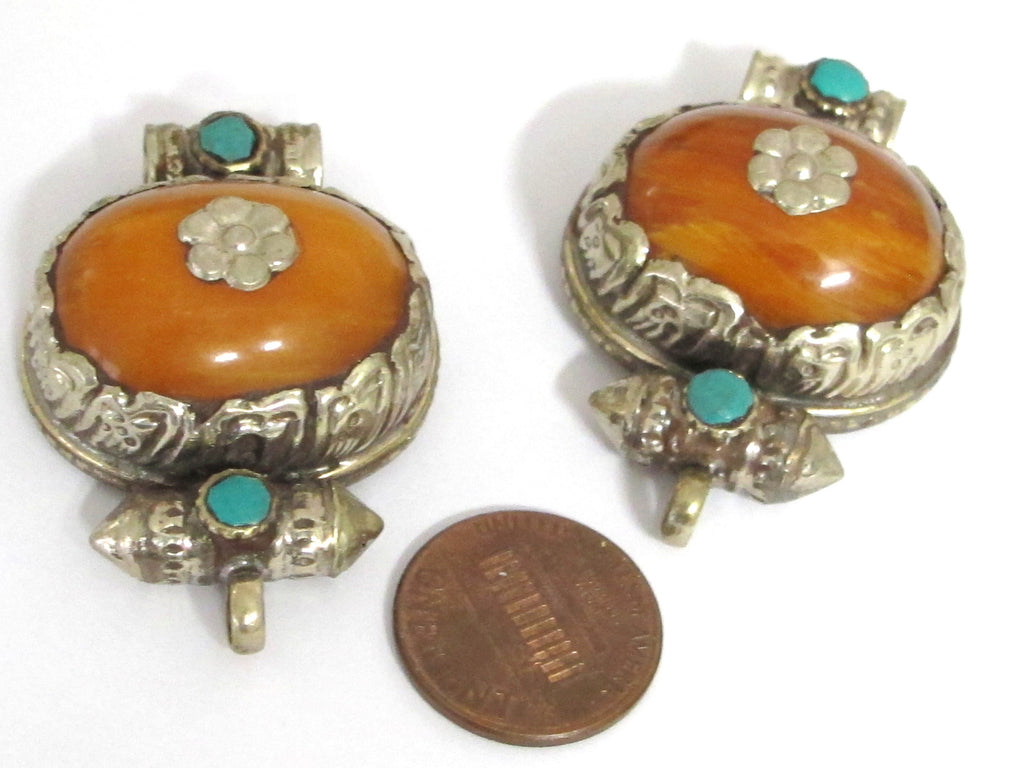 Tibetan copal resin double bail pendant - ethnic Nepal Tibetan dragon phoenix carving jewelry making supplies nepalbeadshop -- PM395E