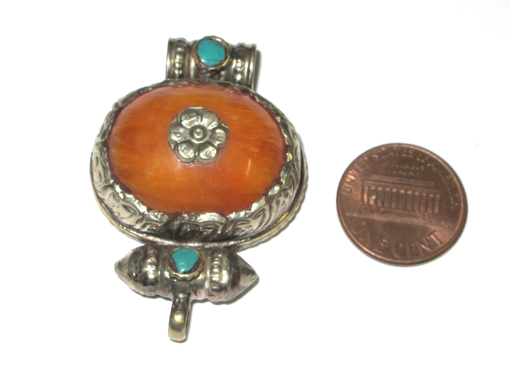 Tibetan copal resin double bail pendant - ethnic Nepal Tibetan dragon phoenix carving jewelry making supplies nepalbeadshop -- PM395E