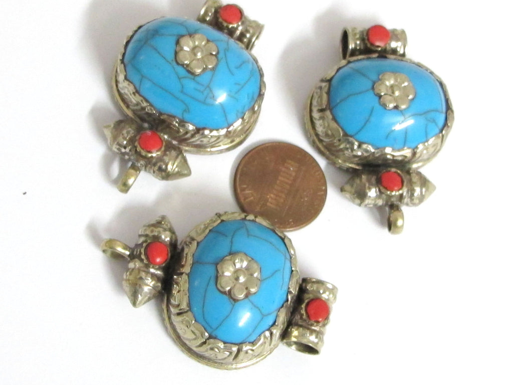 Tibetan blue crackle resin double bail pendant - ethnic Nepal Tibetan dragon phoenix carving jewelry making supplies nepalbeadshop - PM395C