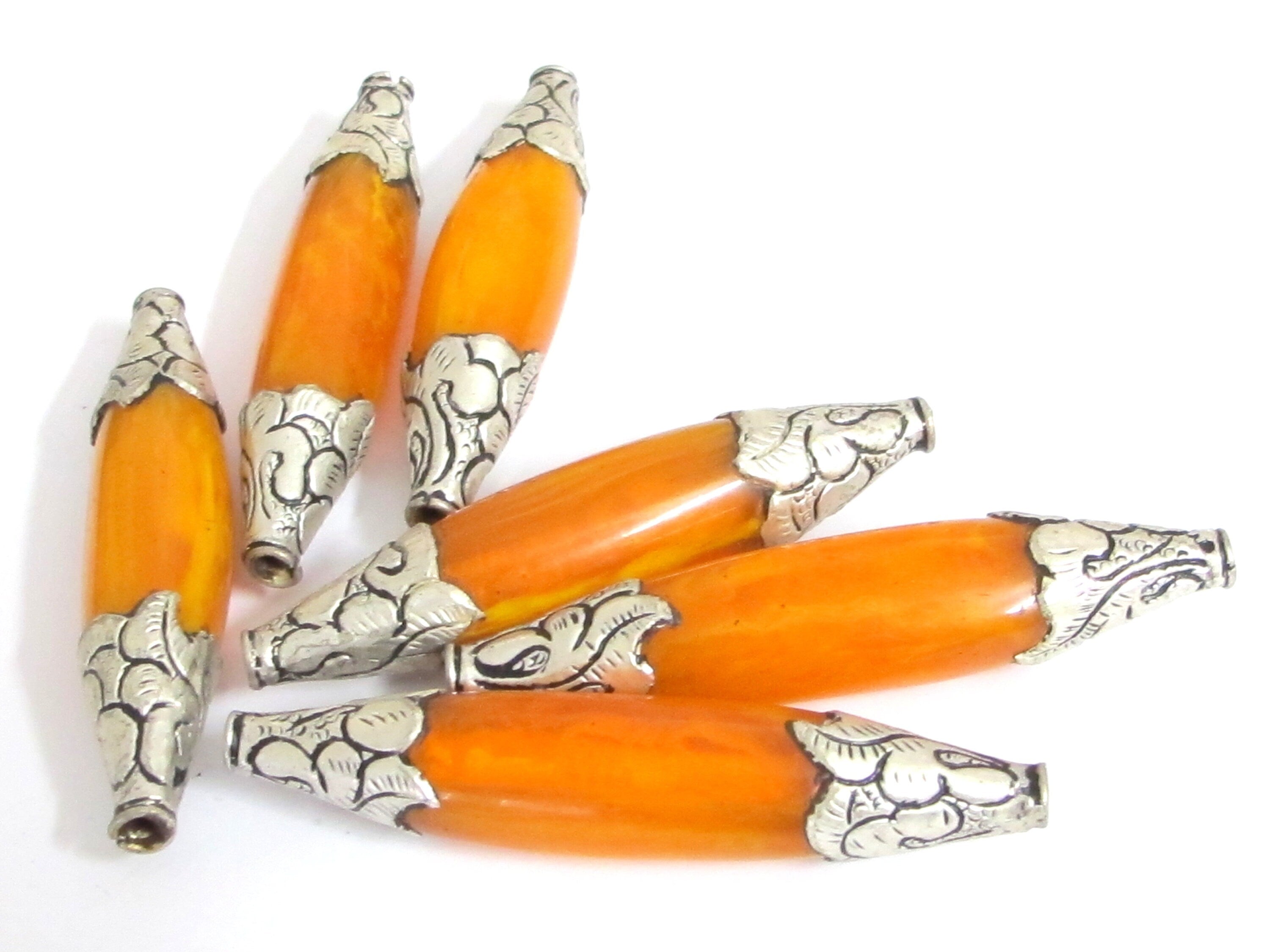 1 BEAD - Extra Long Tibetan copal resin tibetan silver floral design capped bead - BD617K