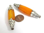 1 BEAD - Extra Long Tibetan copal resin tibetan silver floral design capped bead - BD617K
