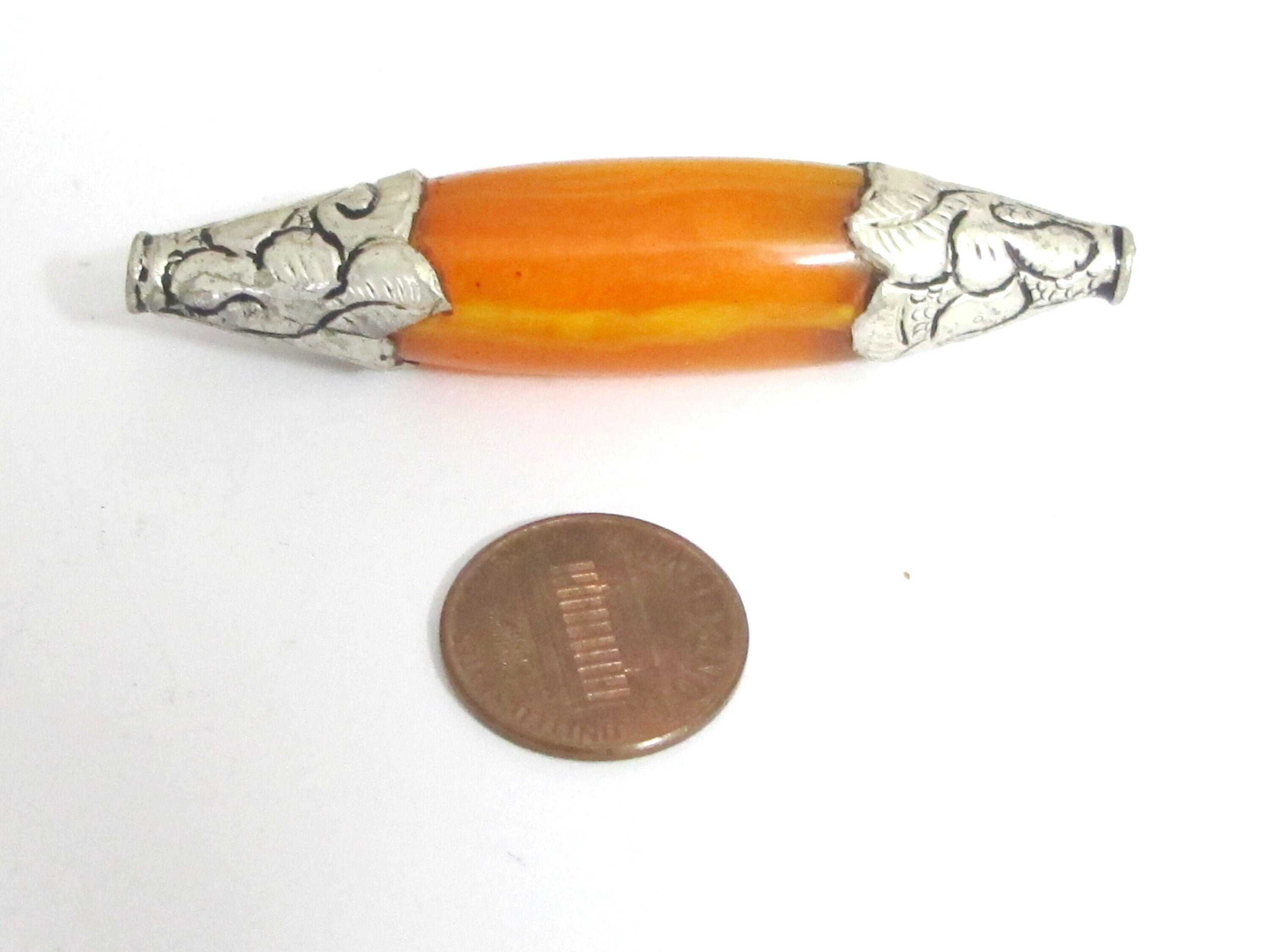 1 BEAD - Extra Long Tibetan copal resin tibetan silver floral design capped bead - BD617K