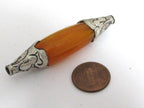 1 BEAD - Extra Long Tibetan copal resin tibetan silver floral design capped bead - BD617K