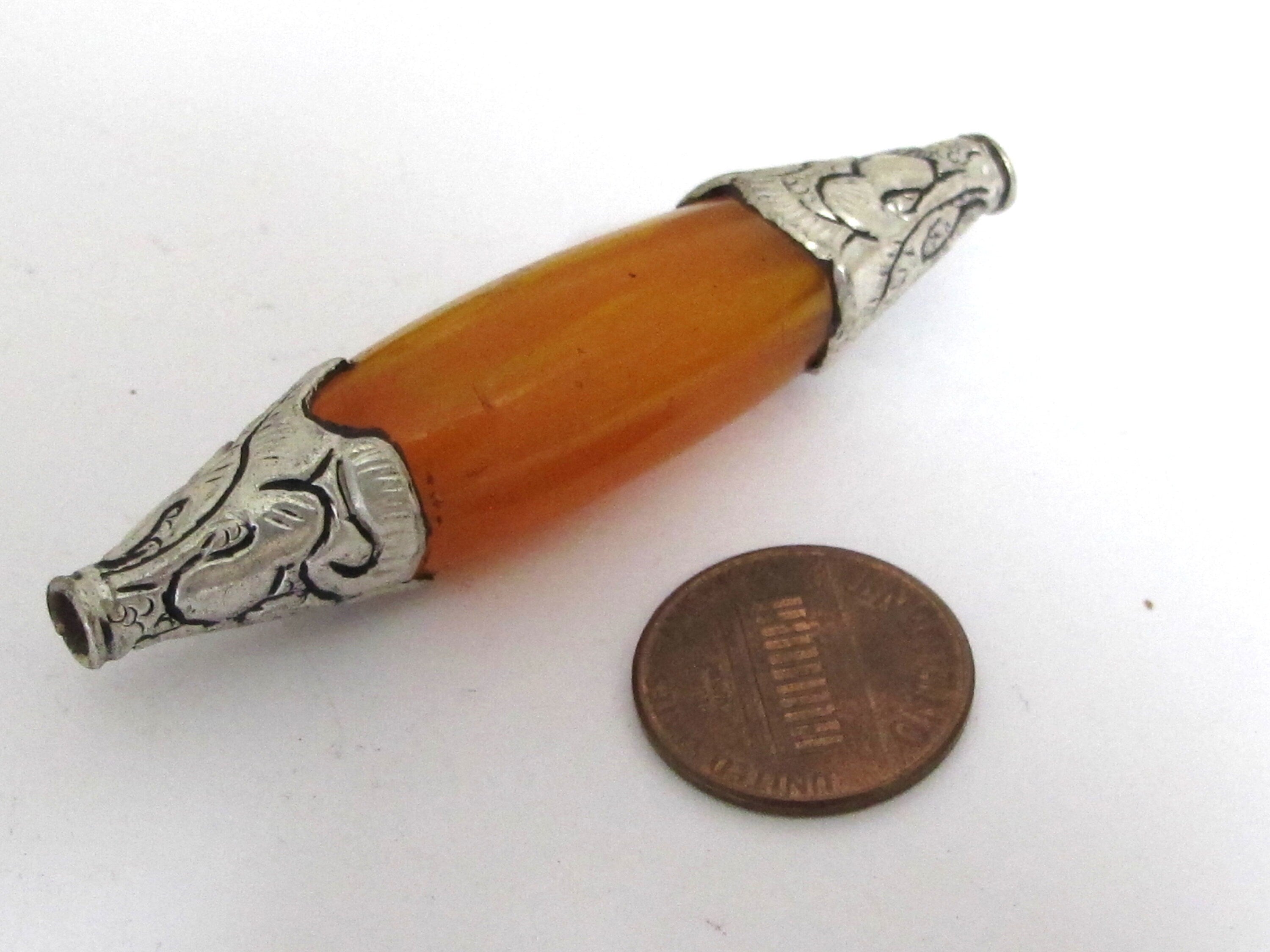 1 BEAD - Extra Long Tibetan copal resin tibetan silver floral design capped bead - BD617K