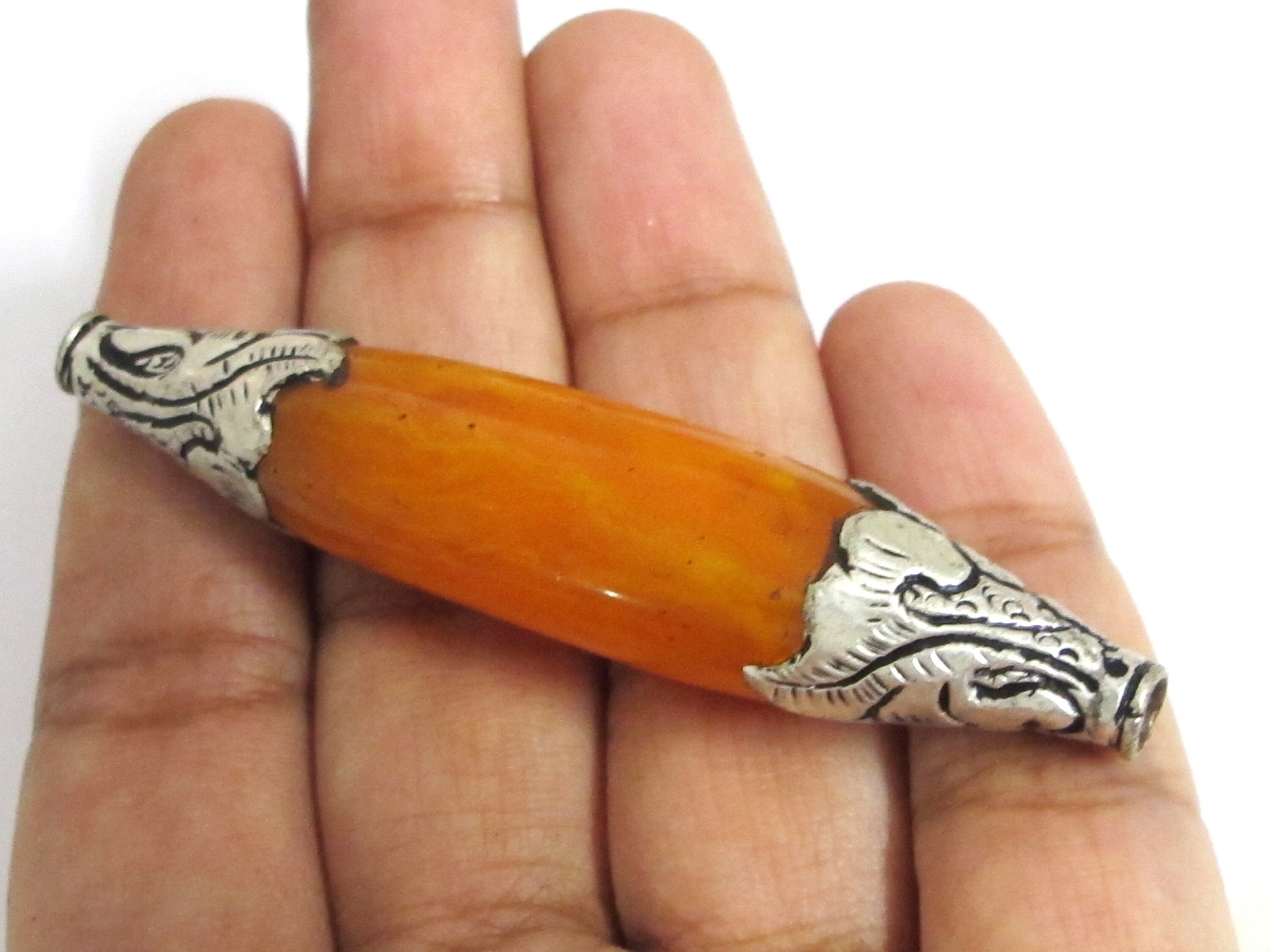 1 BEAD - Extra Long Tibetan copal resin tibetan silver floral design capped bead - BD617K