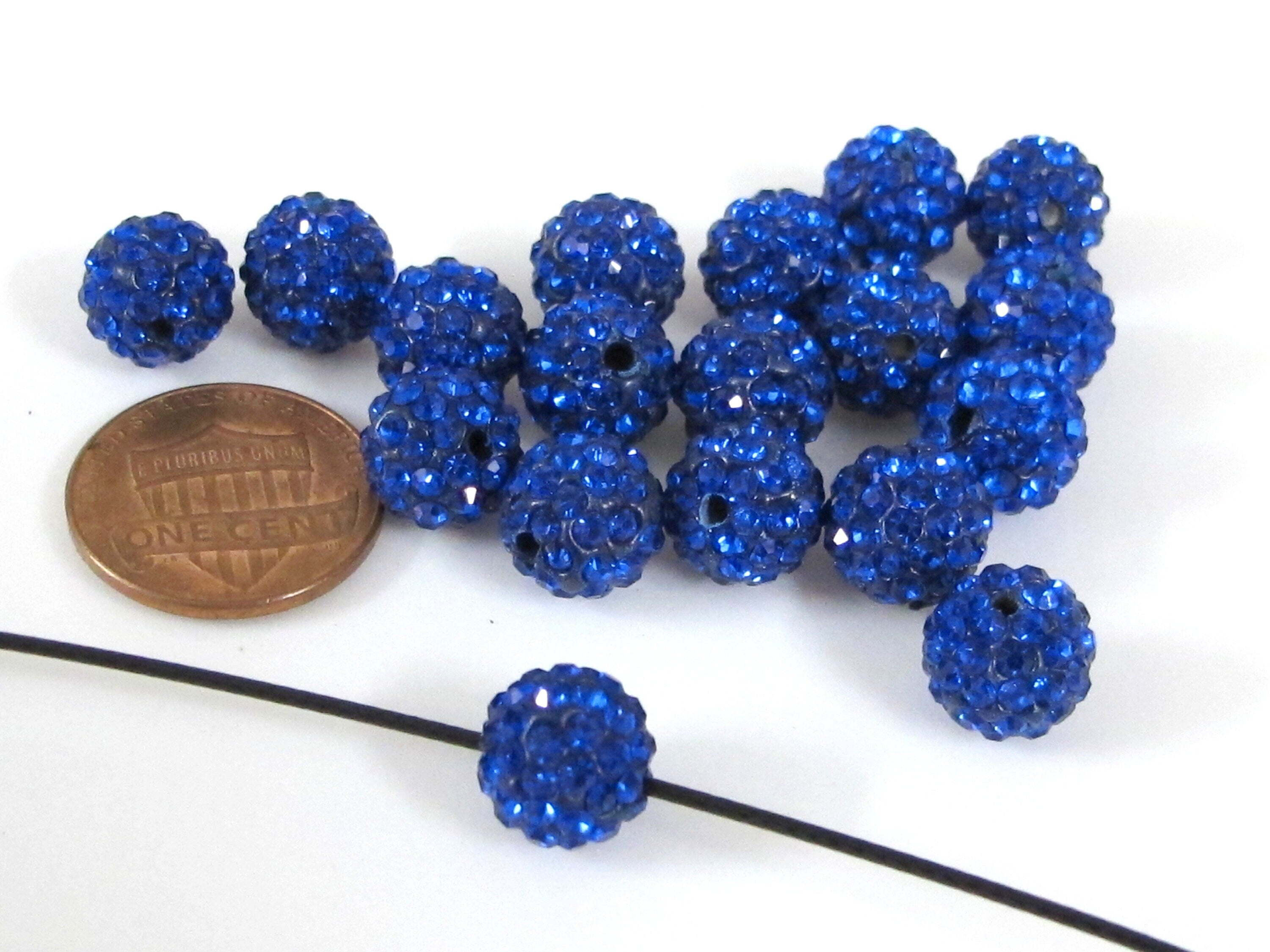 10 Beads - Sparkly bling crystal rhinestone inlaid polymer clay blue color beads - 10 mm size - BD946C