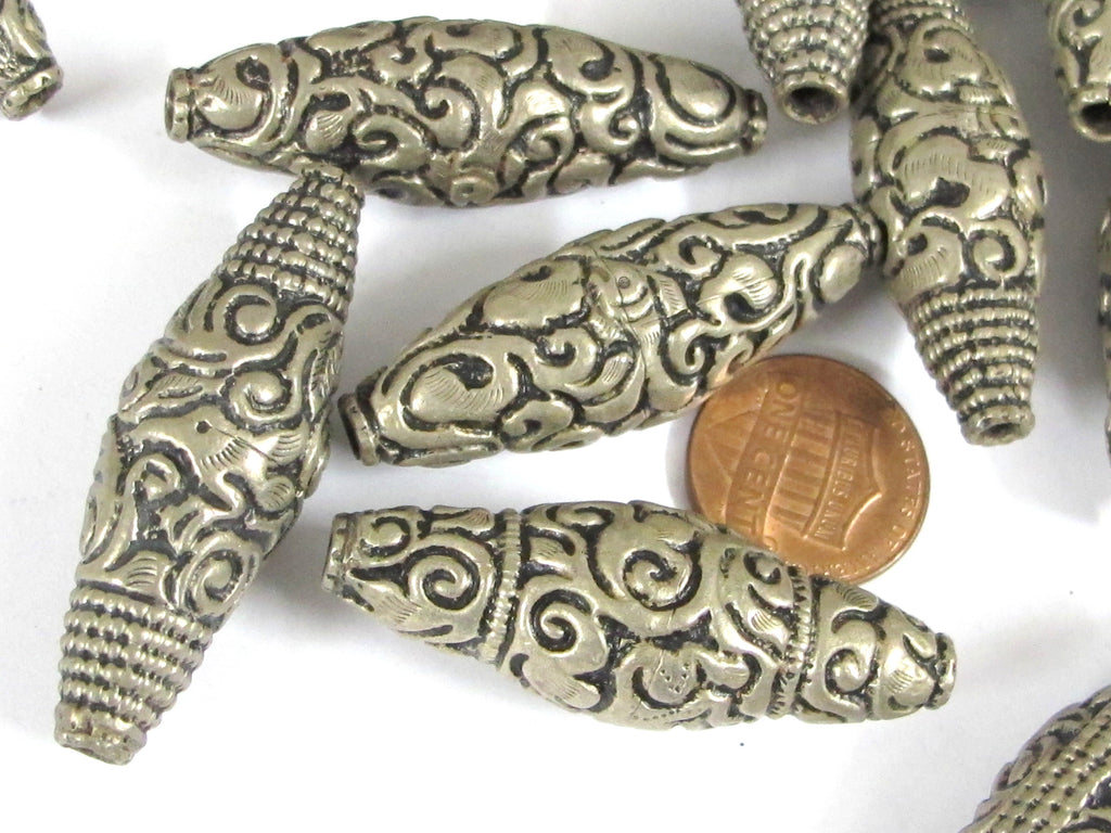 2 beads - Nepal filigree beads Tibetan silver antiqued finish bicone shape mix designs ethnic beads from Nepal - BD943K
