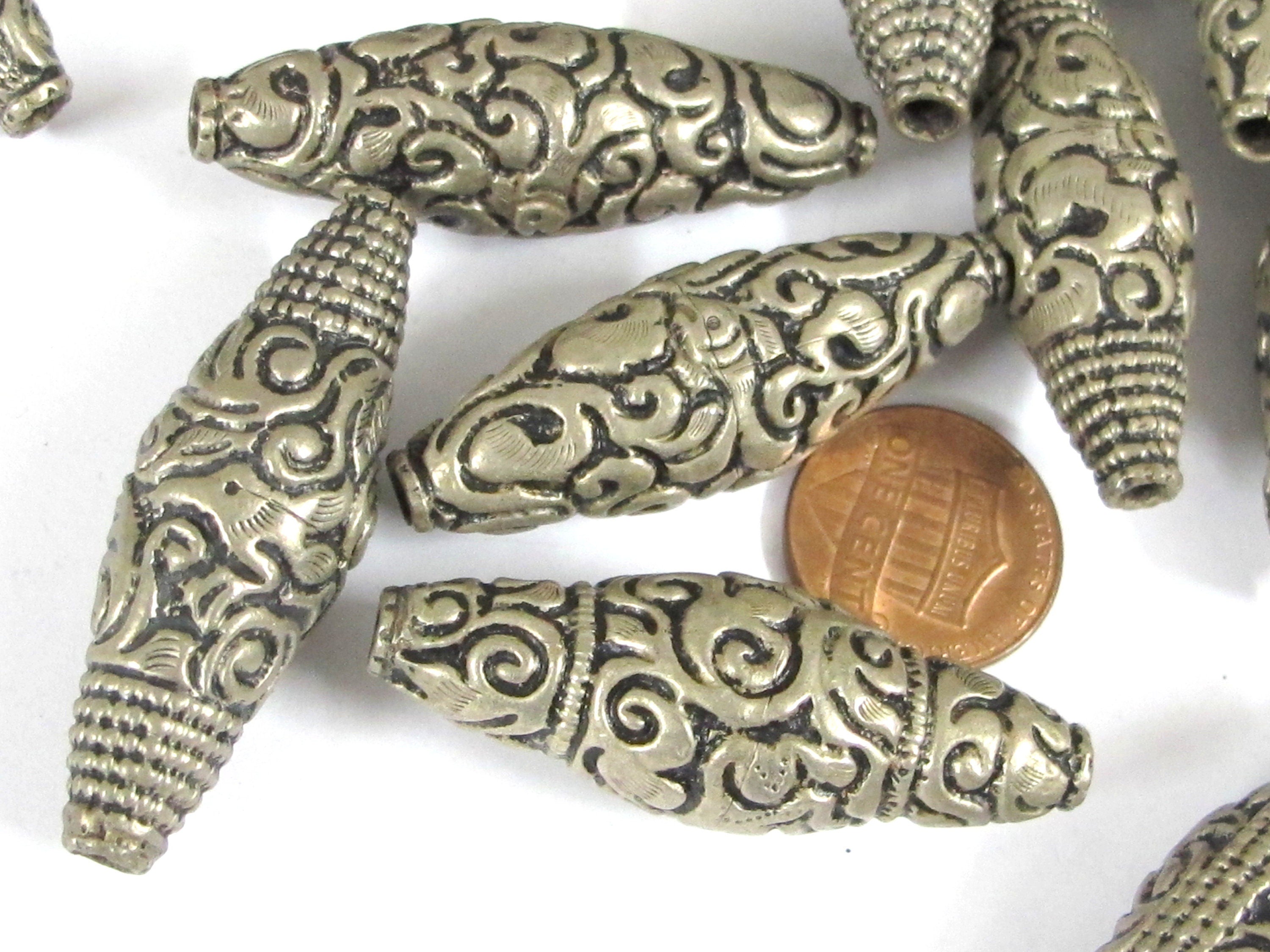 2 beads - Nepal filigree beads Tibetan silver antiqued finish bicone shape mix designs ethnic beads from Nepal - BD943K