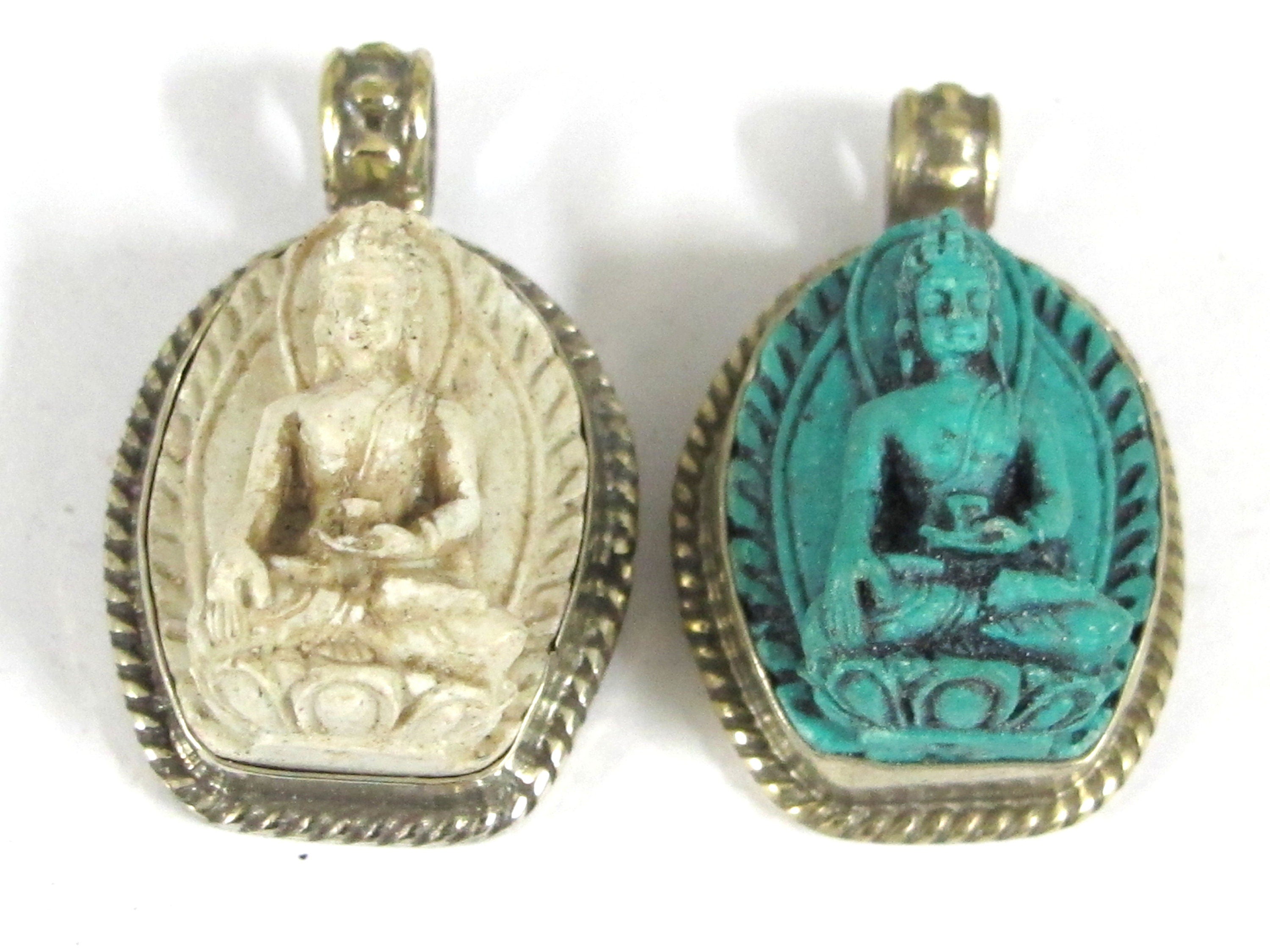 2 pendants - Small size White color green color Tibetan Buddha pendants from Nepal - PS005E