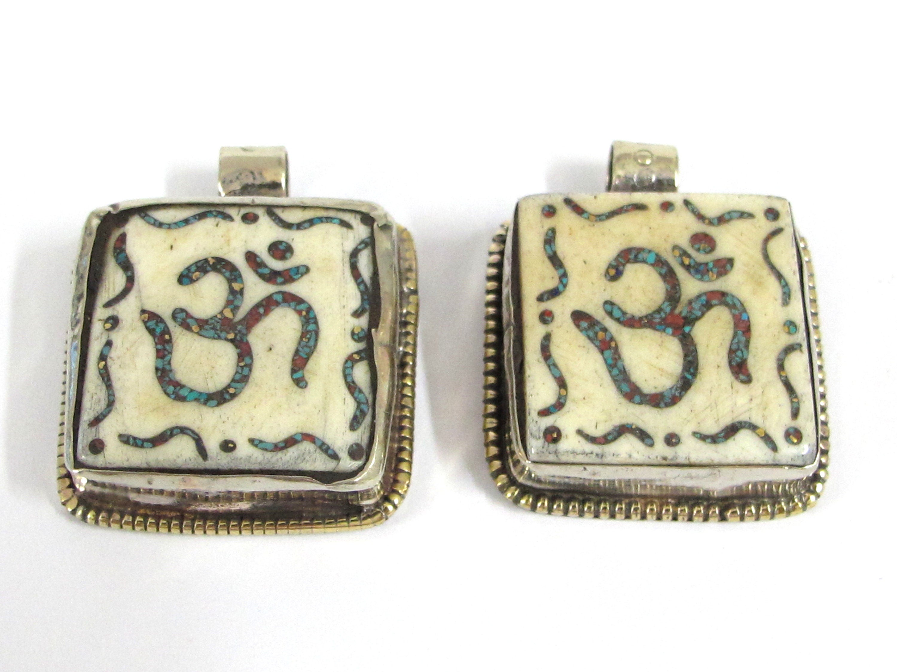 1 Tibetan Om pendant - Ethnic Tibetan Nepal cream color Om pendant with turquoise inlay upcyled cattle bone pendant - PB016A