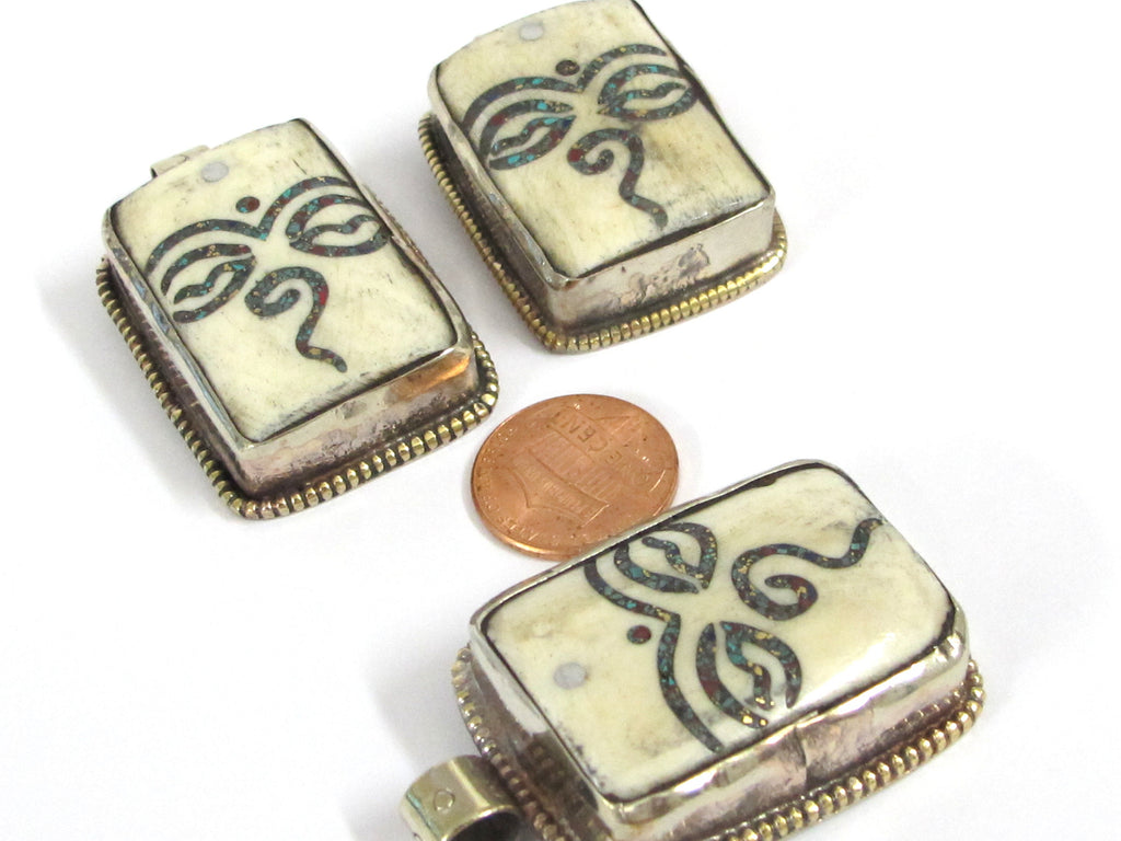 1 Tibetan Buddha eye pendant - Ethnic Tibetan cream color Buddha eye pendant with turquoise inlay Nepal bone pendant - PB016B
