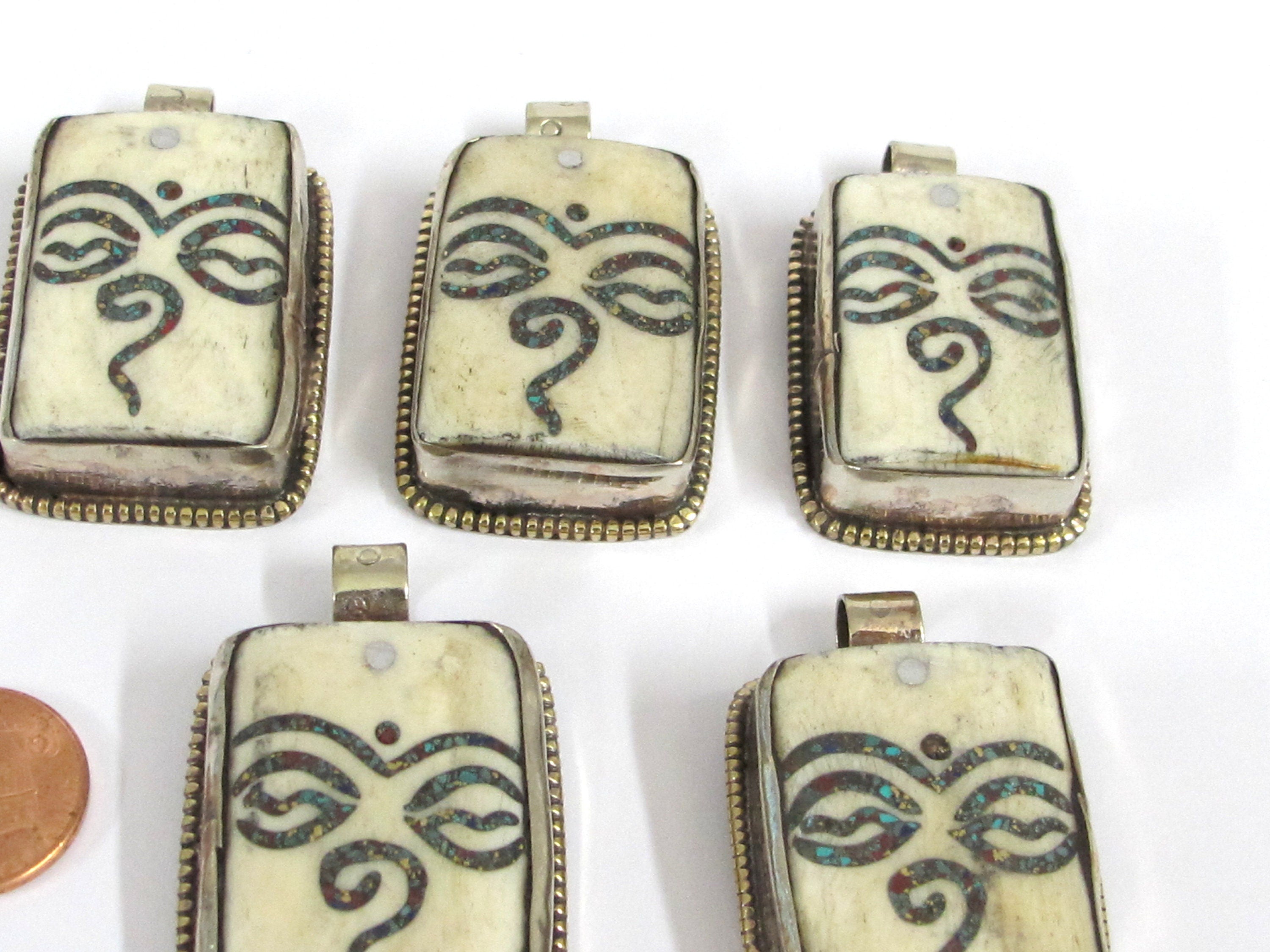1 Tibetan Buddha eye pendant - Ethnic Tibetan cream color Buddha eye pendant with turquoise inlay Nepal bone pendant - PB016B