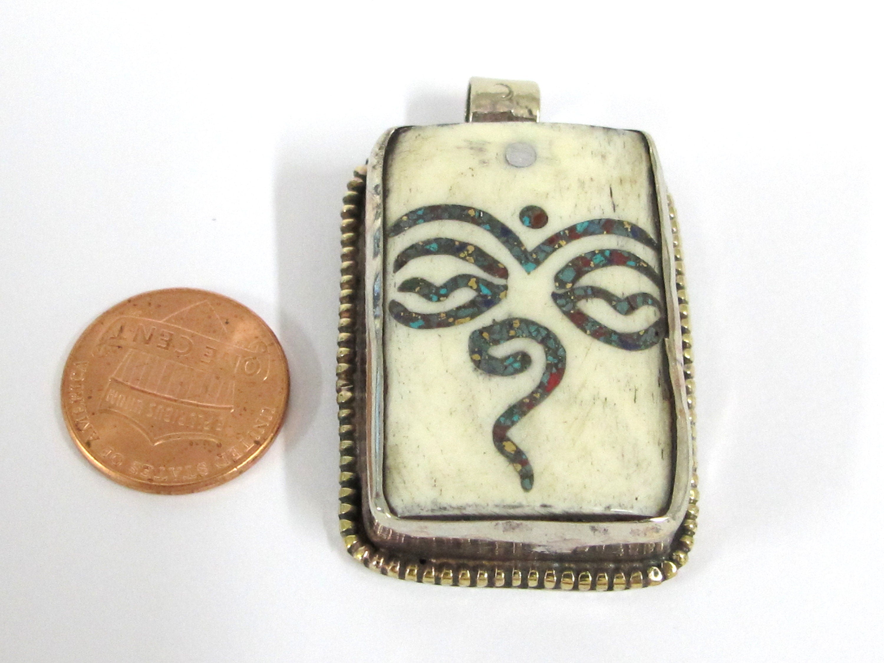 1 Tibetan Buddha eye pendant - Ethnic Tibetan cream color Buddha eye pendant with turquoise inlay Nepal bone pendant - PB016B