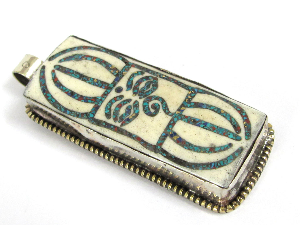 1 Tibetan Dorje Vajra Buddha eye pendant - Ethnic cream color Dorje Buddha eye pendant turquoise inlay Nepal bone pendant - PB016C