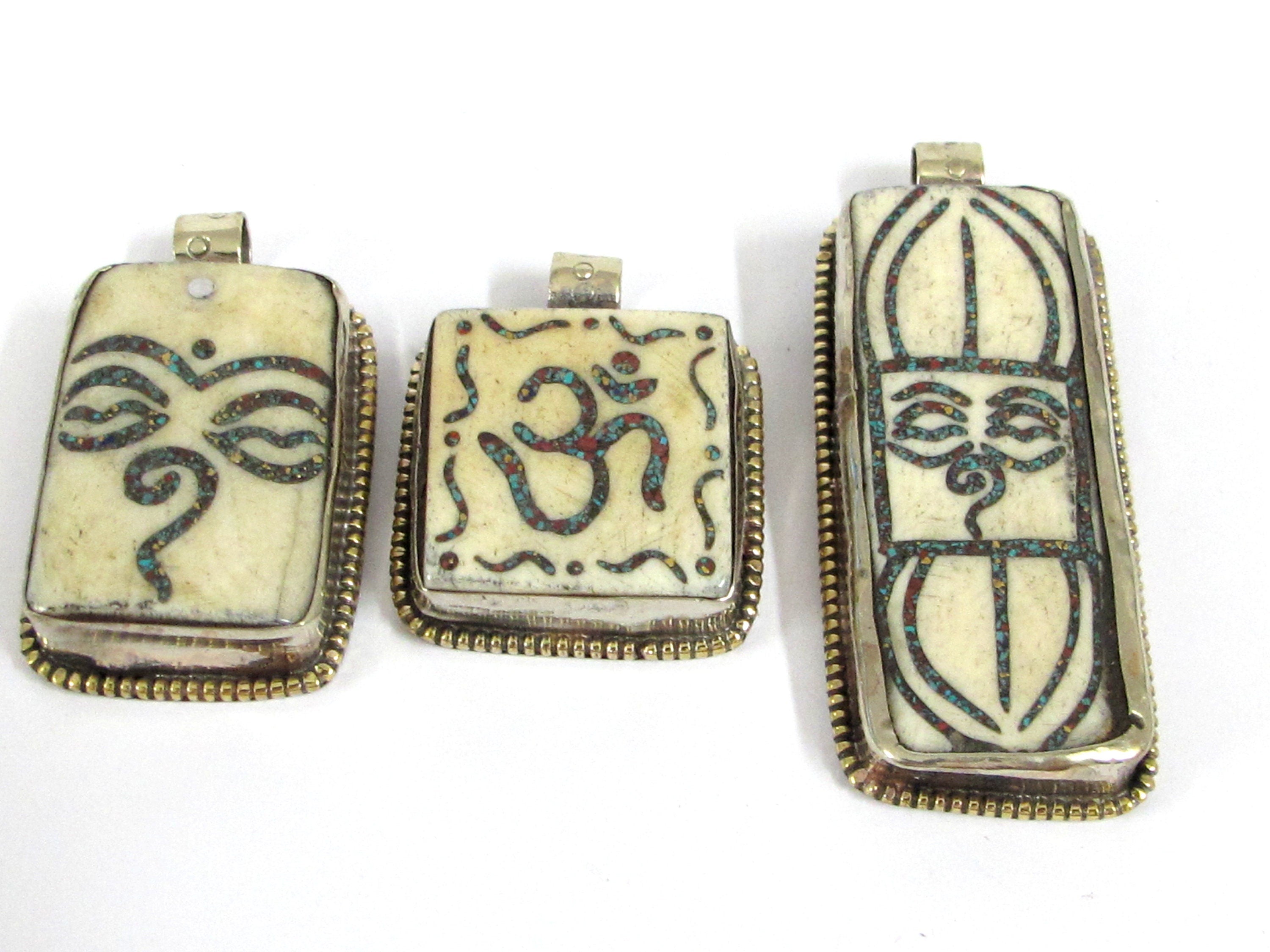 Set of 3 pendants - Ethnic Tibetan Buddha eye Vajra Om bone pendants Nepal turquoise inlay jewelry making supplies - PB016K