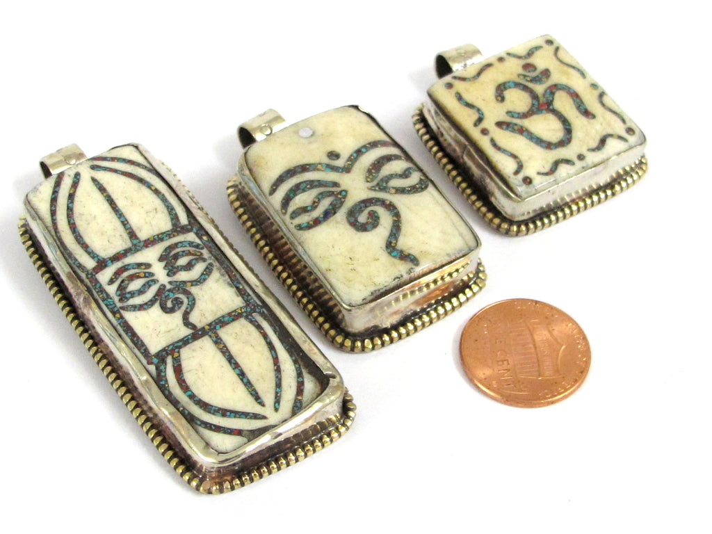Set of 3 pendants - Ethnic Tibetan Buddha eye Vajra Om bone pendants Nepal turquoise inlay jewelry making supplies - PB016K