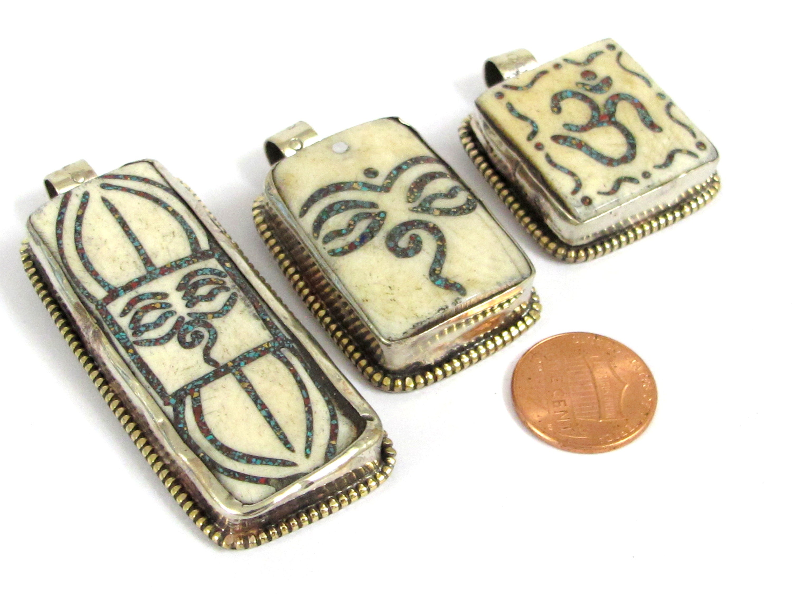 Set of 3 pendants - Ethnic Tibetan Buddha eye Vajra Om bone pendants Nepal turquoise inlay jewelry making supplies - PB016K