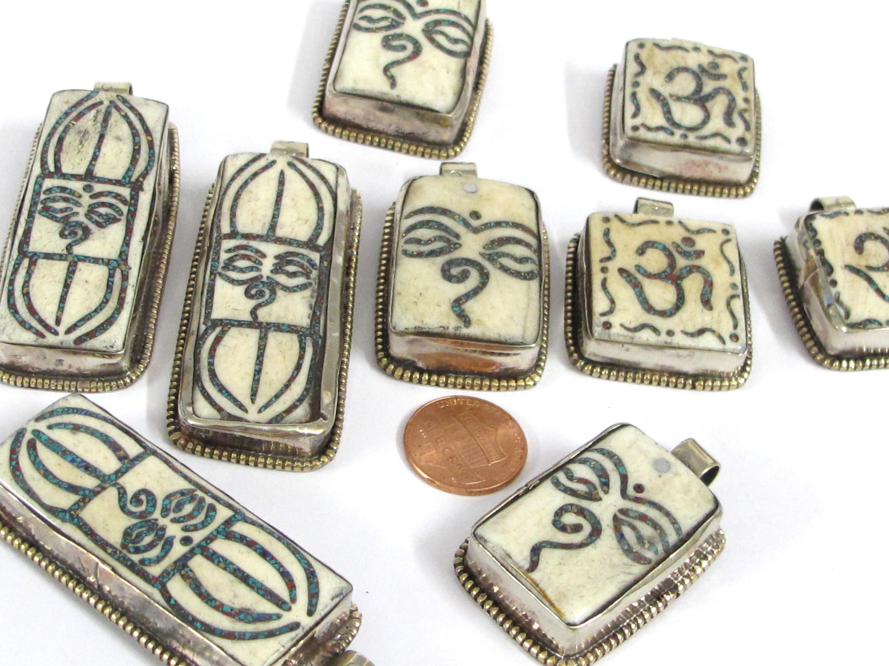 Set of 3 pendants - Ethnic Tibetan Buddha eye Vajra Om bone pendants Nepal turquoise inlay jewelry making supplies - PB016K