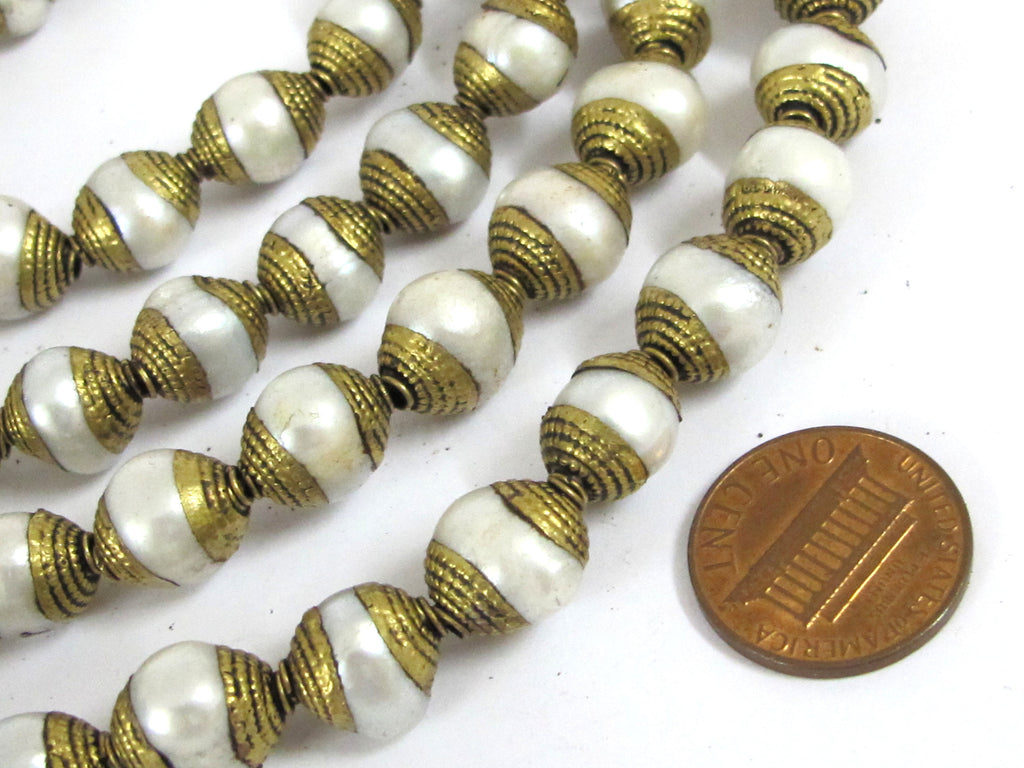 10 BEADS - Brass capped genuine fresh water pearl beads 10 - 11 mm x 11 - 13 mm - BD774K