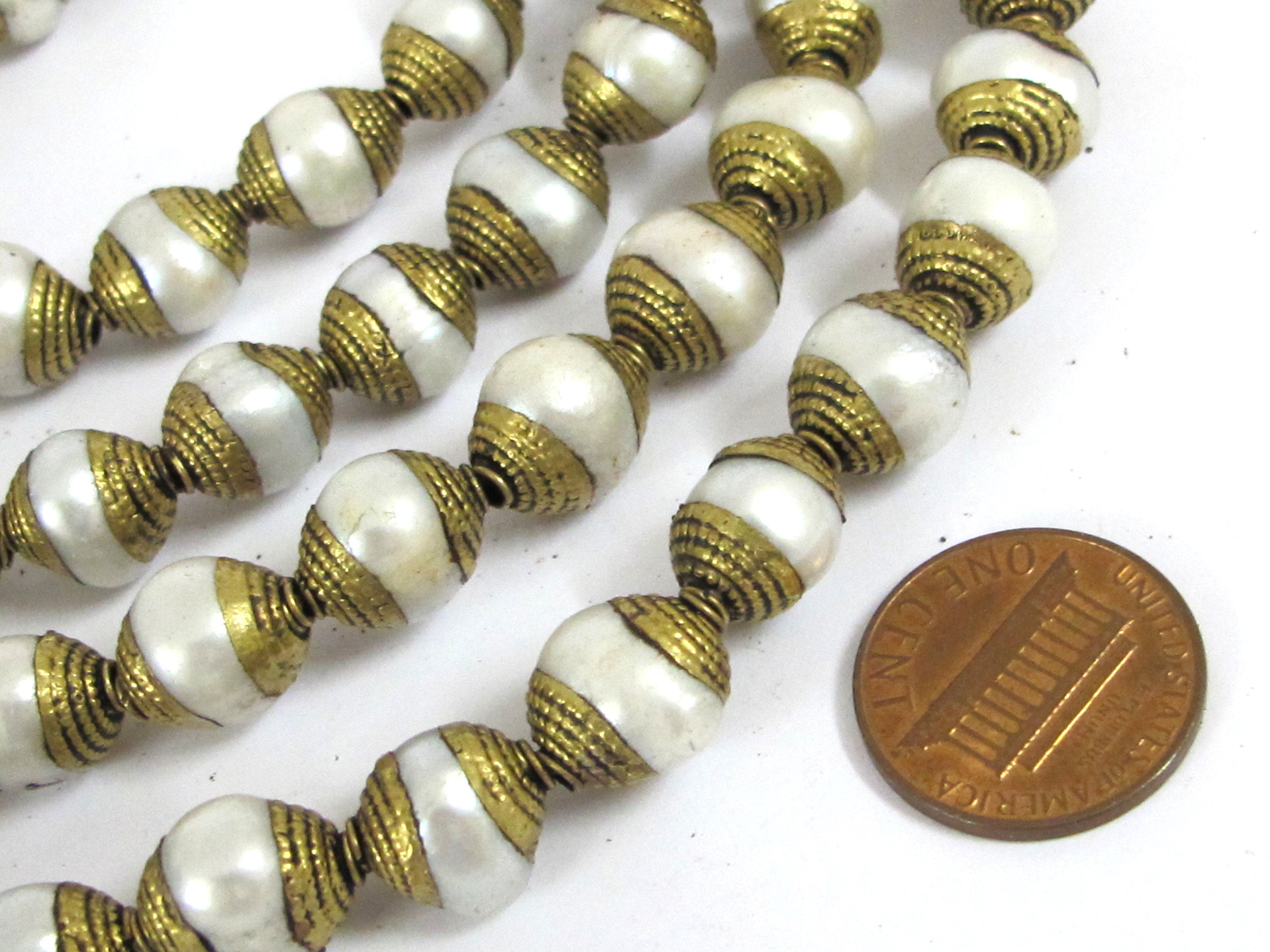 10 BEADS - Brass capped genuine fresh water pearl beads 10 - 11 mm x 11 - 13 mm - BD774K