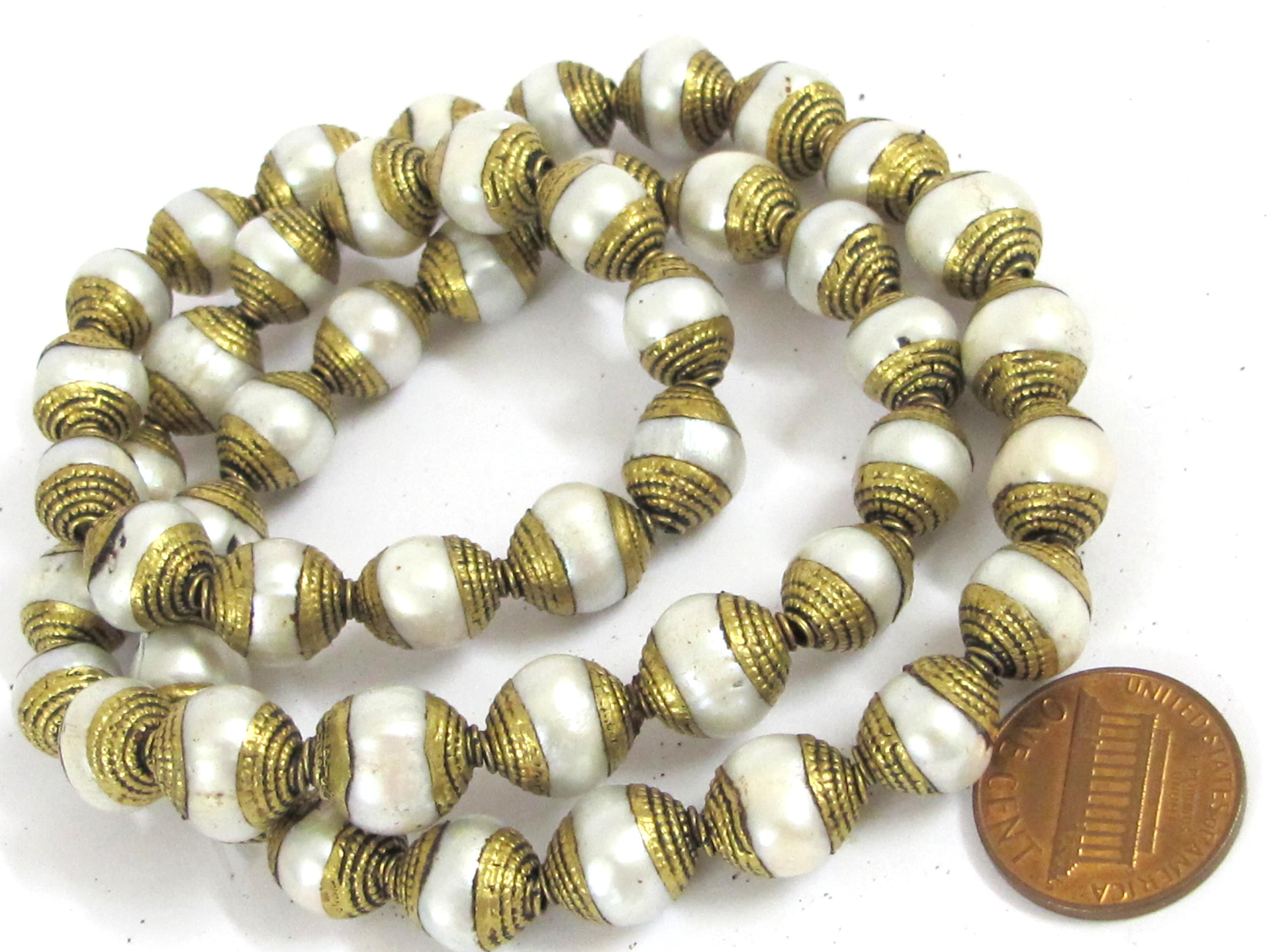 4 BEADS - Brass capped genuine fresh water pearl beads 10 - 11 mm x 11 - 13 mm - BD774K