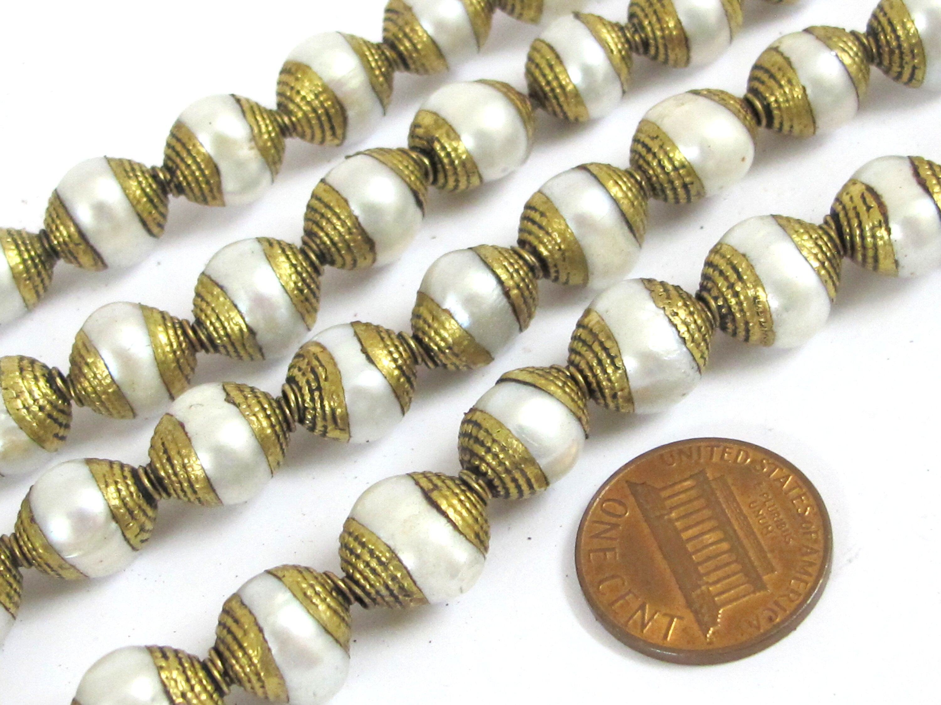 4 BEADS - Brass capped genuine fresh water pearl beads 9 - 11 mm x 11 - 13 mm - BD774K