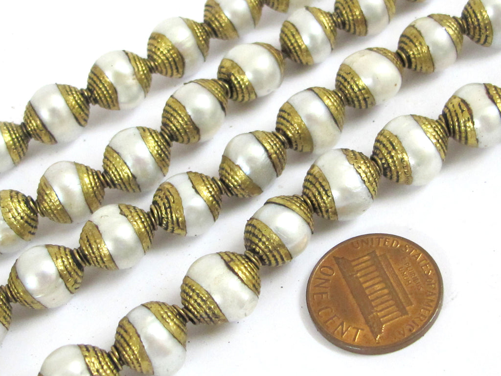 4 BEADS - Brass capped genuine fresh water pearl beads 10 - 11 mm x 11 - 13 mm - BD774K