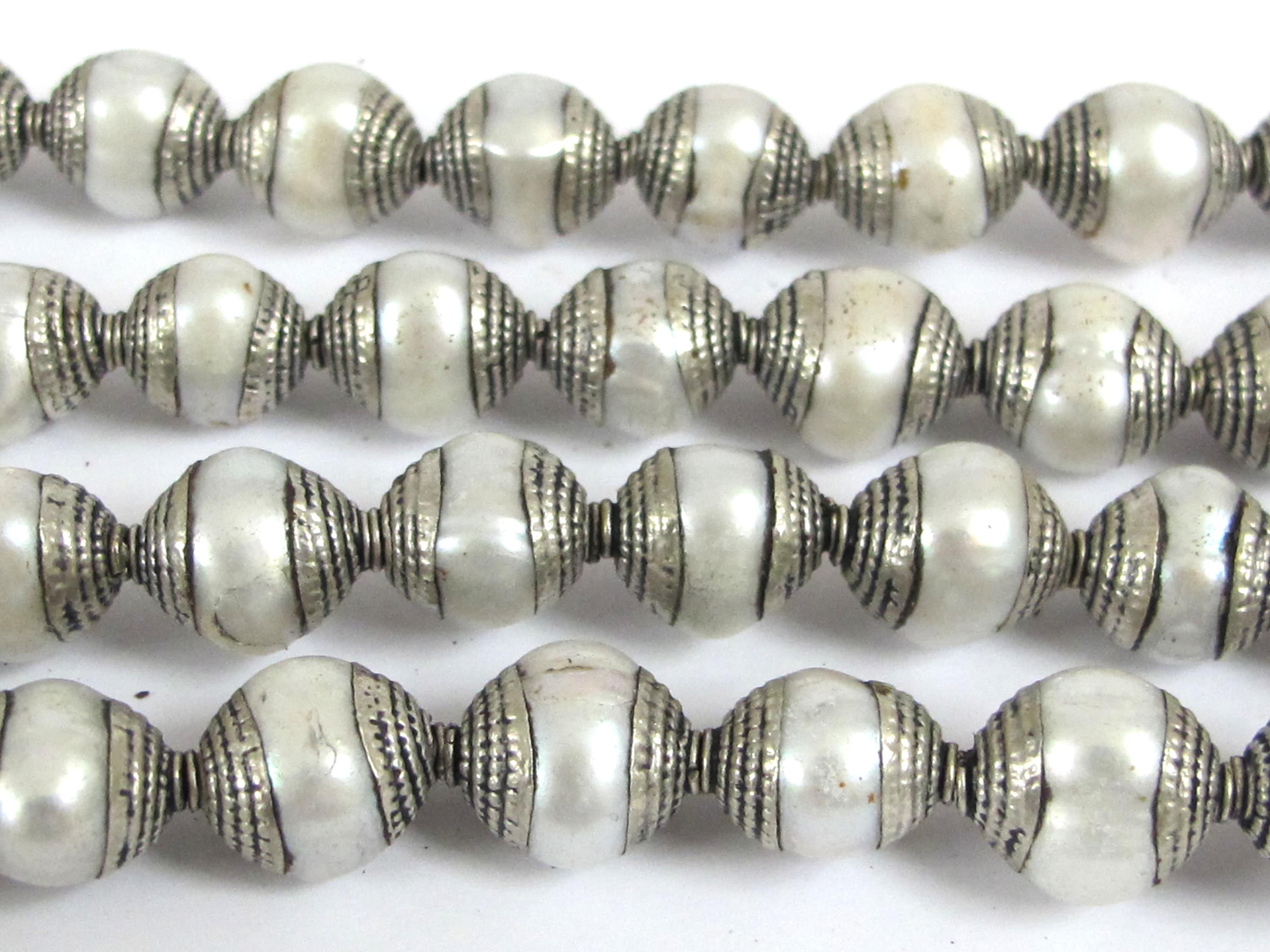 4 BEADS - Tibetan silver capped white color pearl beads 11-13 mm long x 9.5-11 mm thick - BD775G