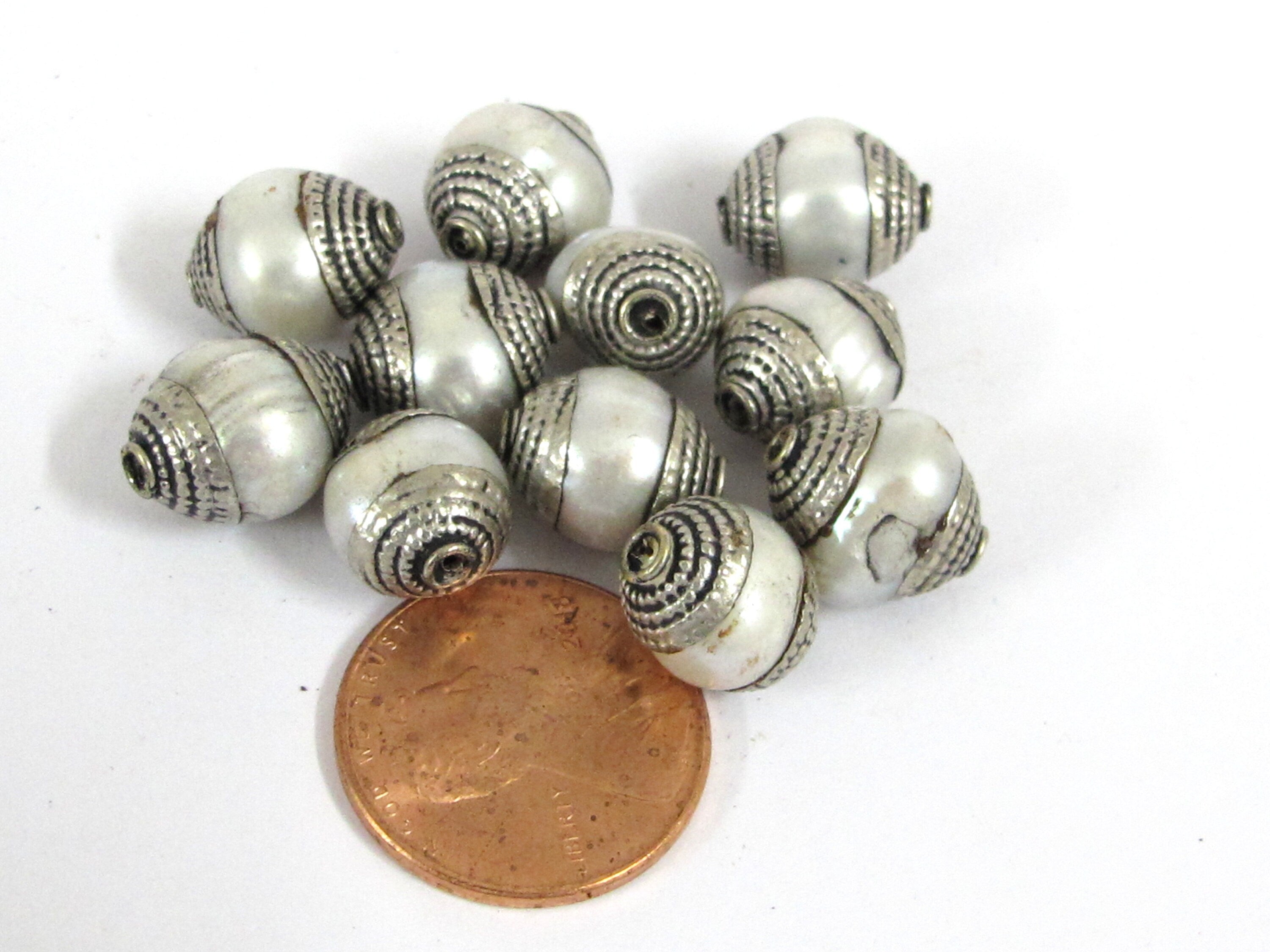 4 BEADS - Tibetan silver capped white color pearl beads 11-13 mm long x 9.5-11 mm thick - BD775G