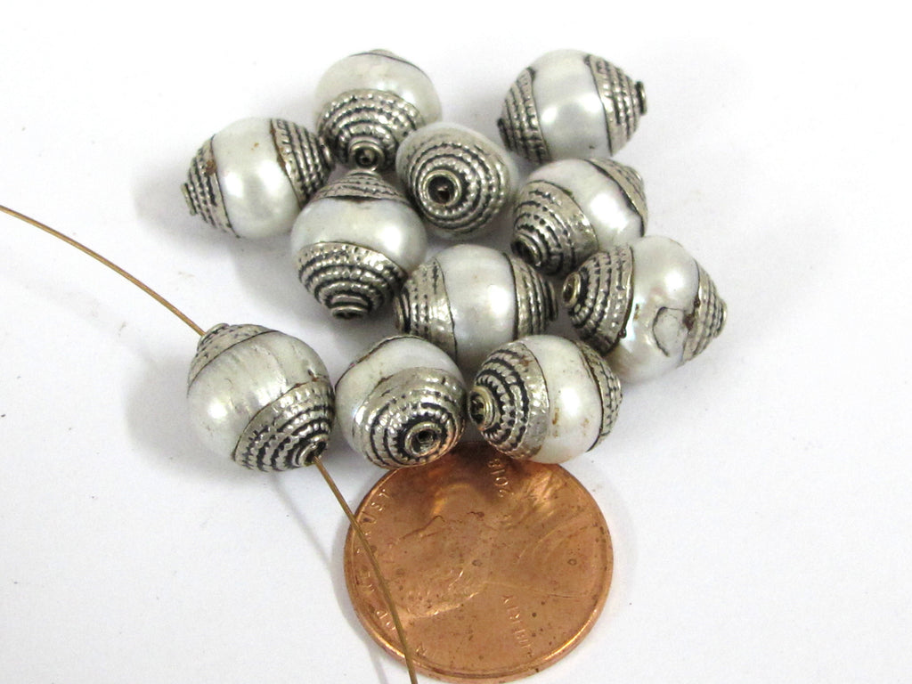 4 BEADS - Tibetan silver capped white color pearl beads 11-13 mm long x 9.5-11 mm thick - BD775G