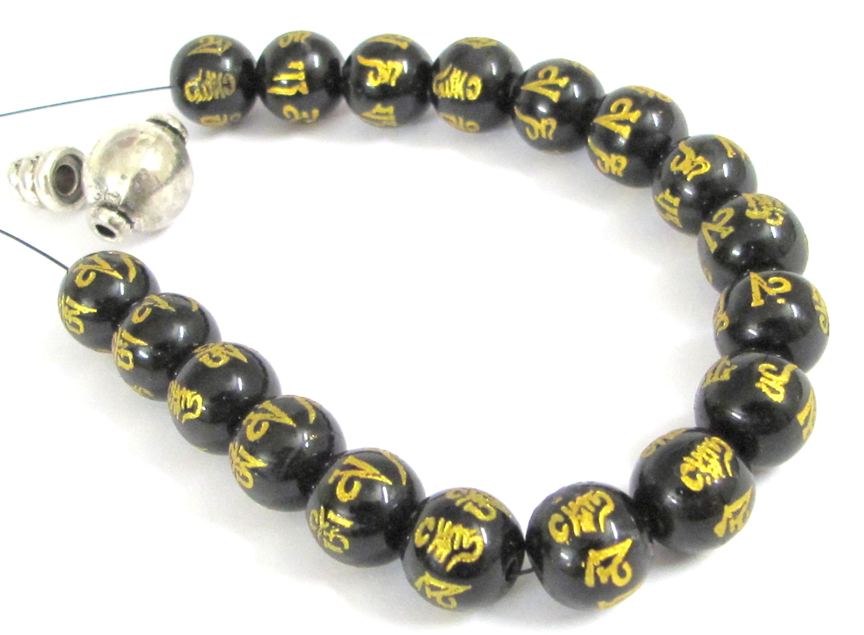 18 Beads-Tibetan om mantra om mani padme hum etched black agate quartz beads 10 mm with Guru bead for mala bracelet making - GM417B
