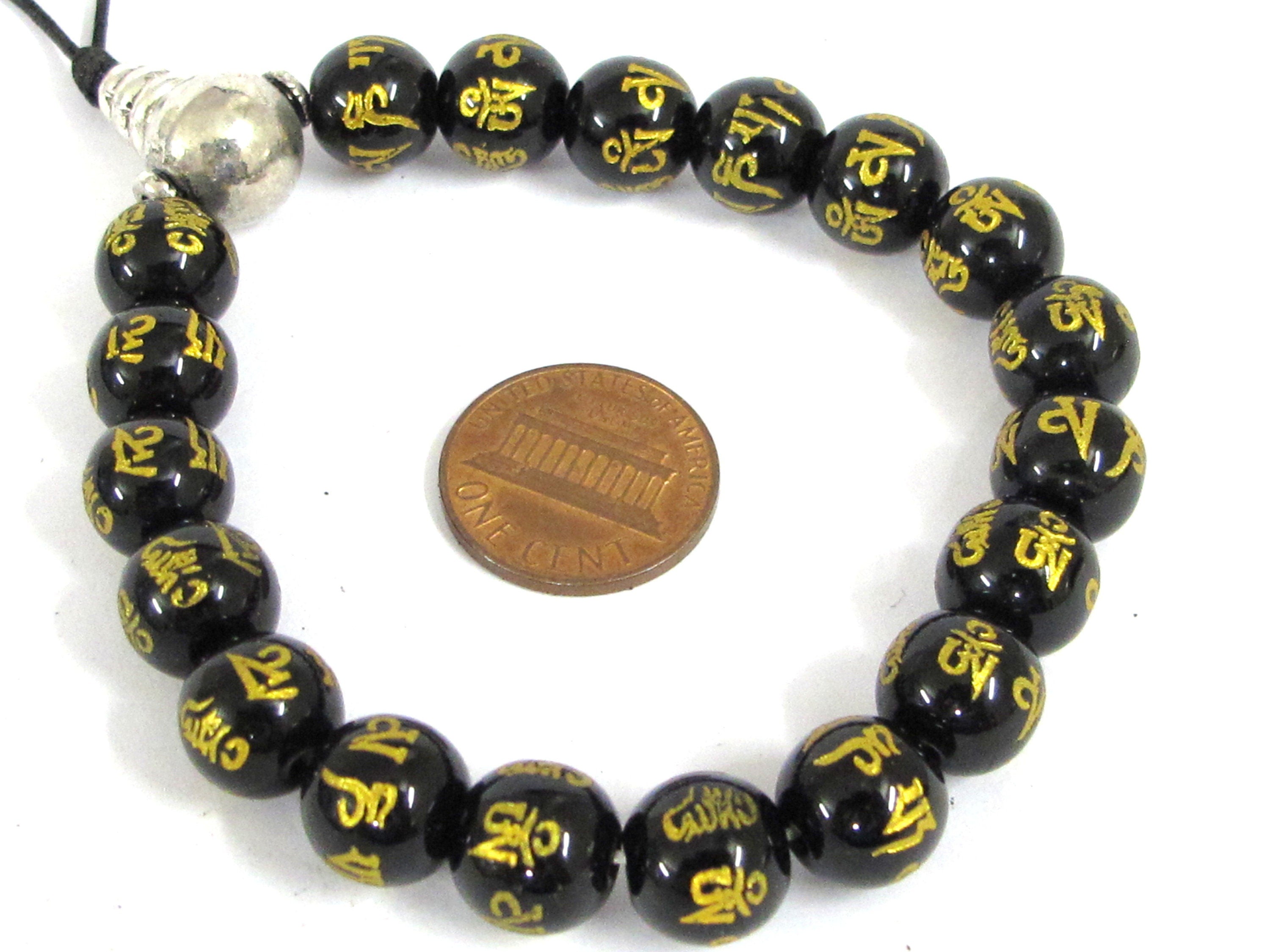 18 Beads-Tibetan om mantra om mani padme hum etched black agate quartz beads 10 mm with Guru bead for mala bracelet making - GM417B