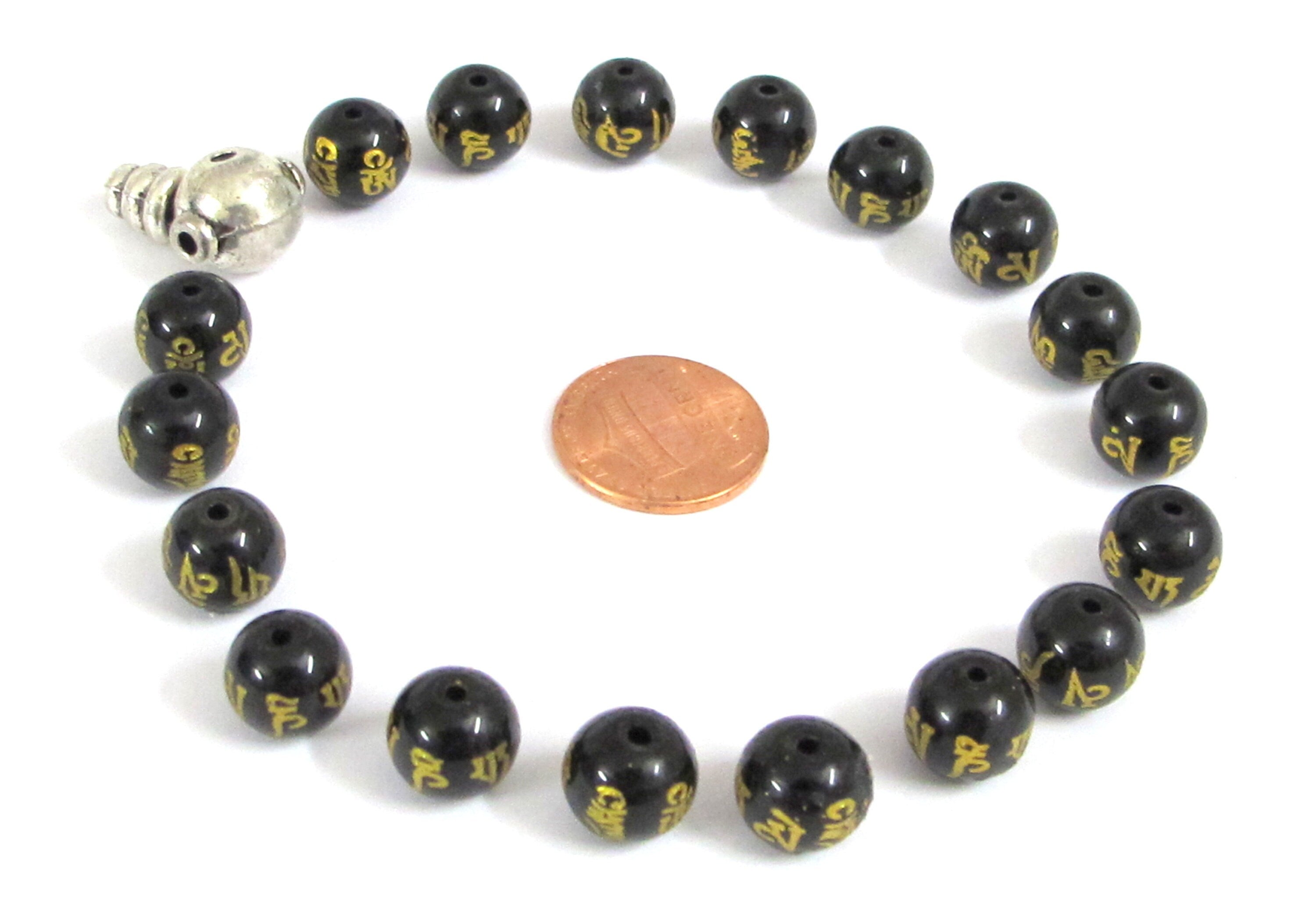 18 Beads-Tibetan om mantra om mani padme hum etched black agate quartz beads 10 mm with Guru bead for mala bracelet making - GM417B