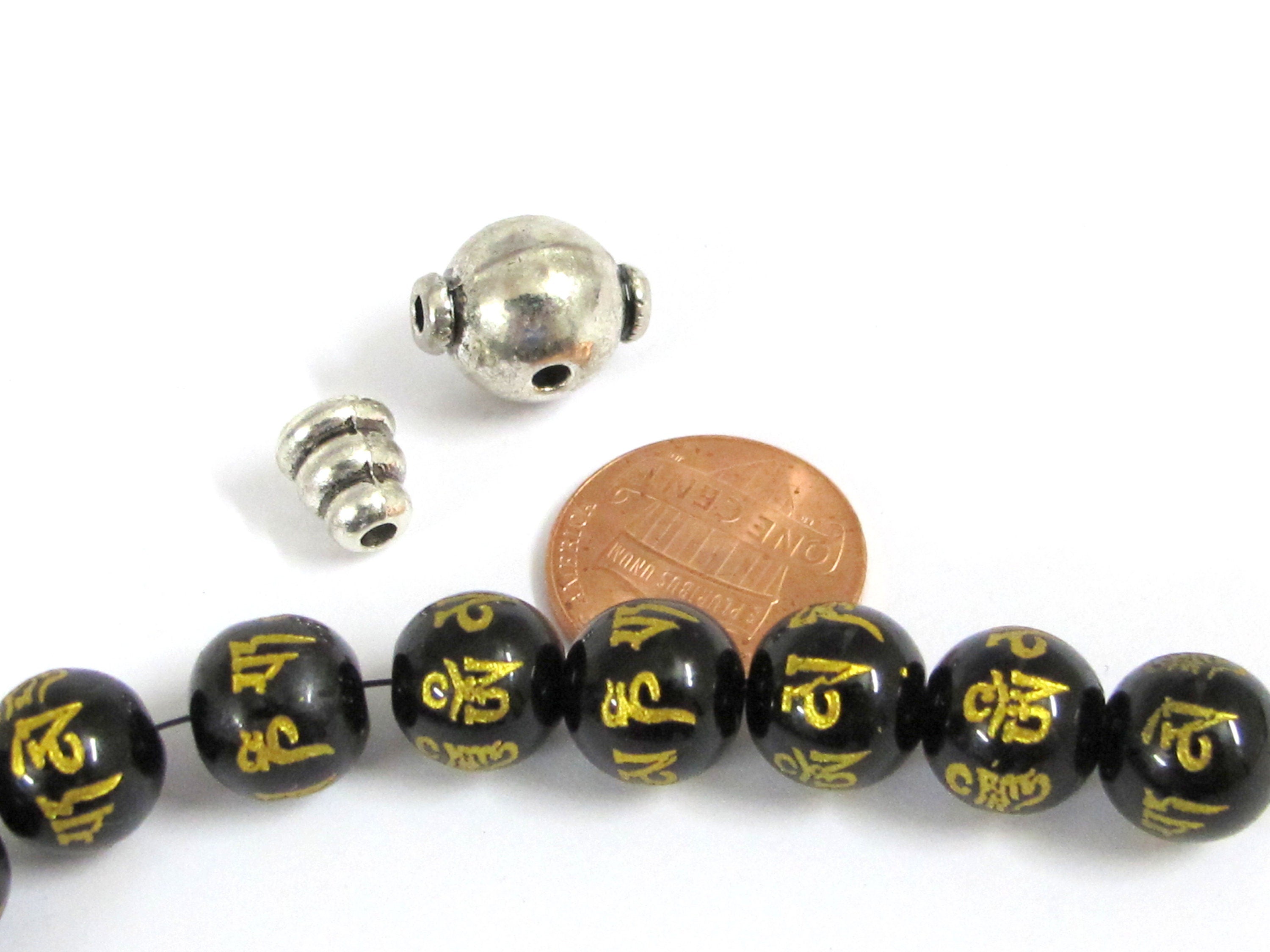 18 Beads-Tibetan om mantra om mani padme hum etched black agate quartz beads 10 mm with Guru bead for mala bracelet making - GM417B