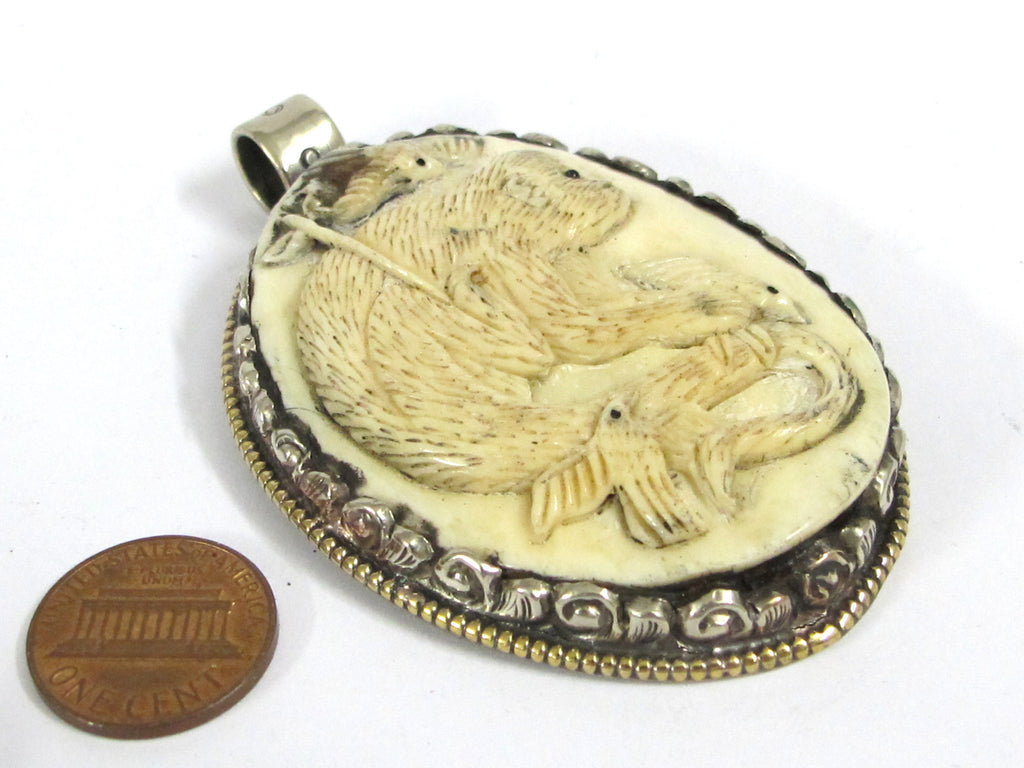 Unique large bold size carved cattle bone pendant with intricate monkey animal with birds design floral carving on reverse side - PB008JF