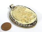 Unique large bold size carved cattle bone pendant with intricate monkey animal with birds design floral carving on reverse side - PB008JF