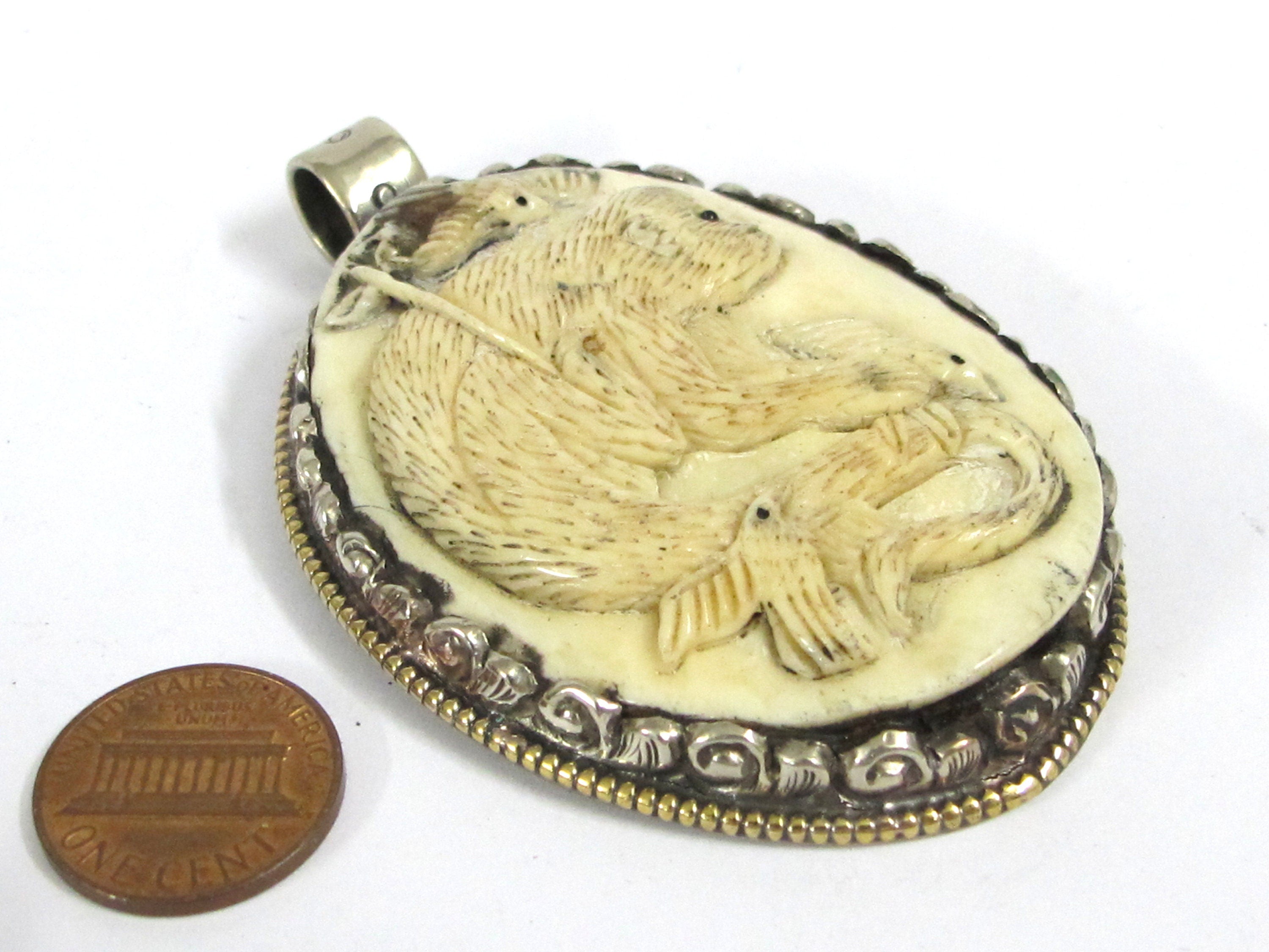 Unique large bold size carved cattle bone pendant with intricate monkey animal with birds design floral carving on reverse side - PB008JF